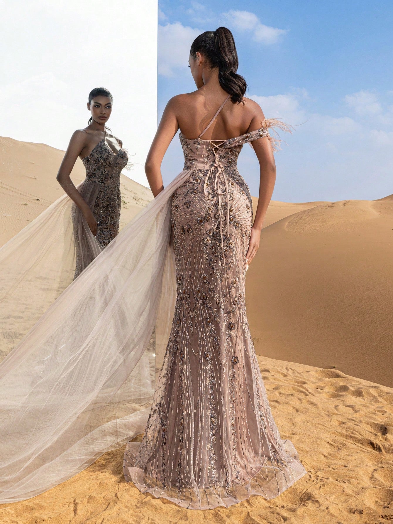 Gorgeous Asymmetrical Neck Draped Side Mermaid Hem Graphic Beaded Formal Dresses & Evening Gowns