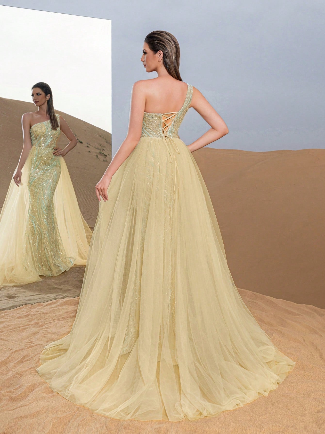 Luxury One Shoulder Mesh Overlay Mermaid Hem Beaded Formal Dresses & Evening Gowns