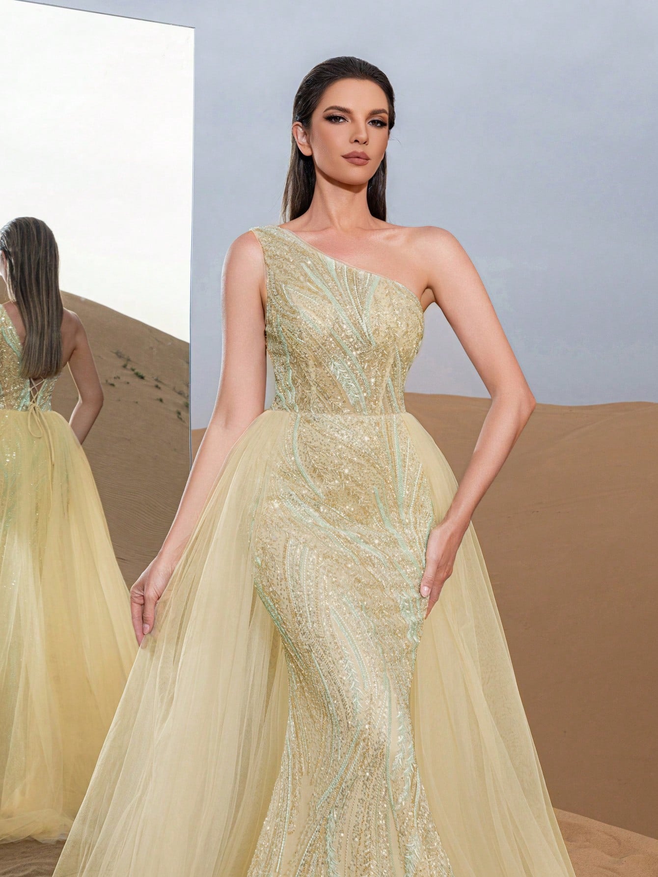 Luxury One Shoulder Mesh Overlay Mermaid Hem Beaded Formal Dresses & Evening Gowns