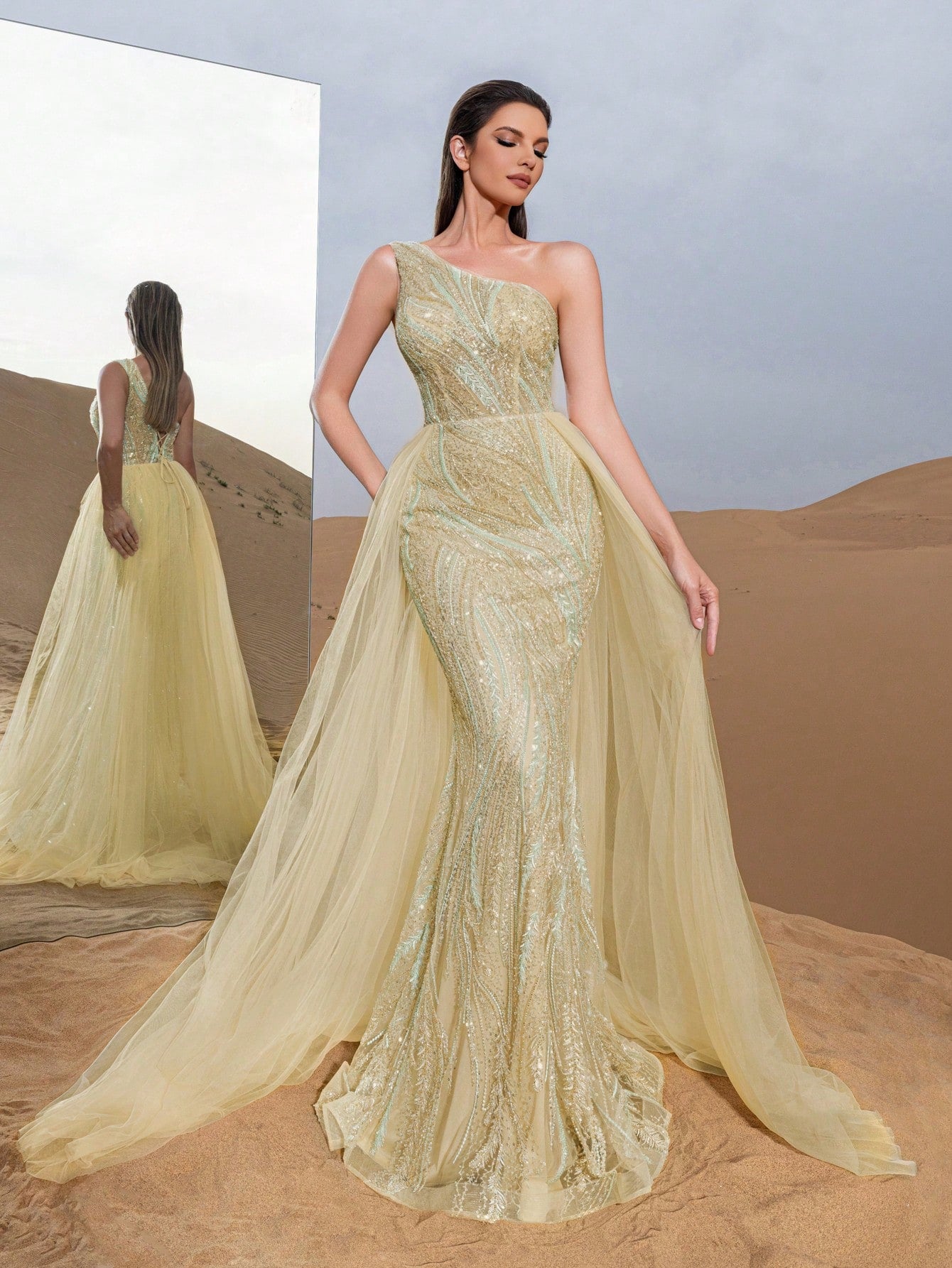 Luxury One Shoulder Mesh Overlay Mermaid Hem Beaded Formal Dresses & Evening Gowns