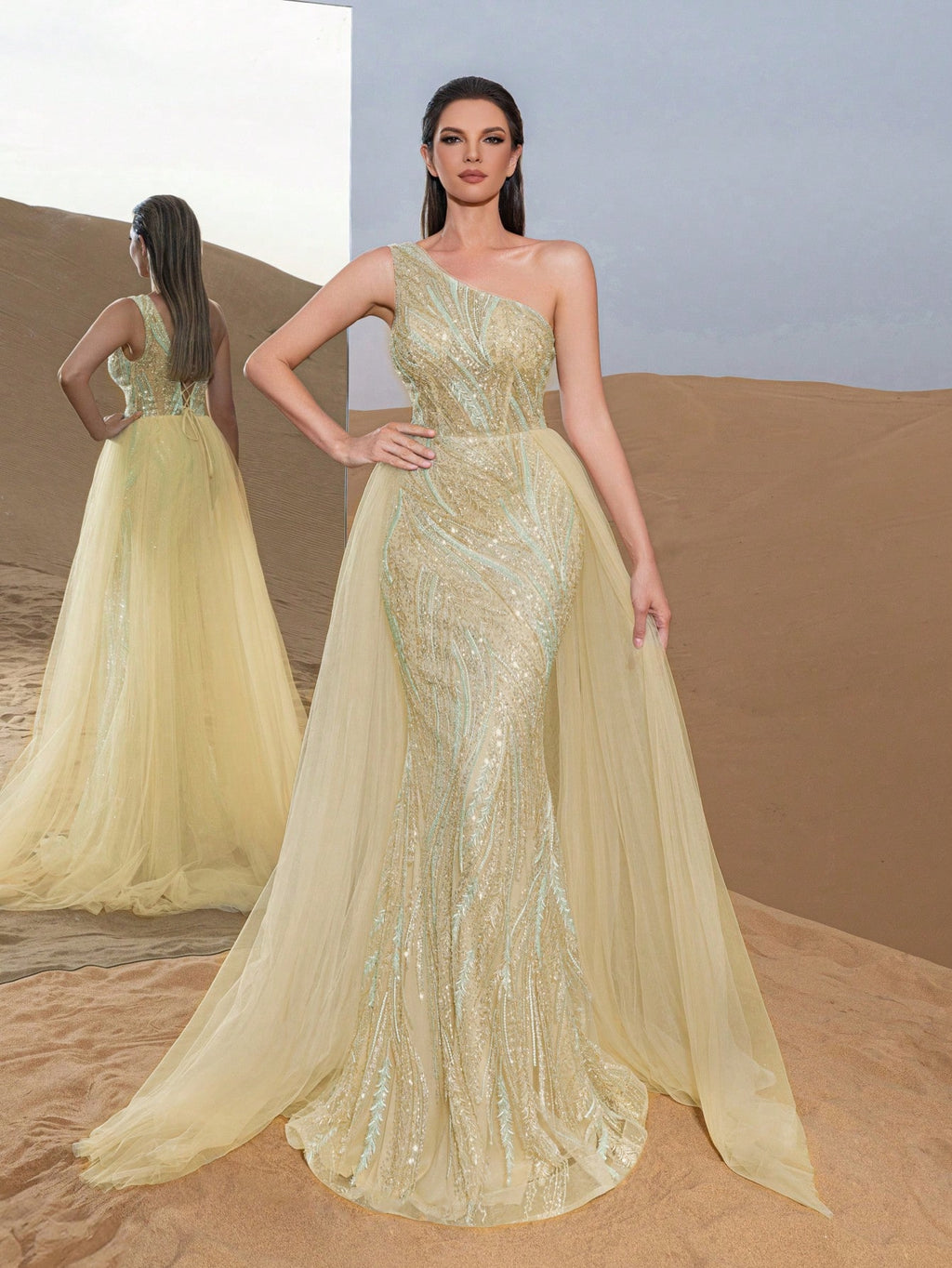 Luxury One Shoulder Mesh Overlay Mermaid Hem Beaded Formal Dresses & Evening Gowns