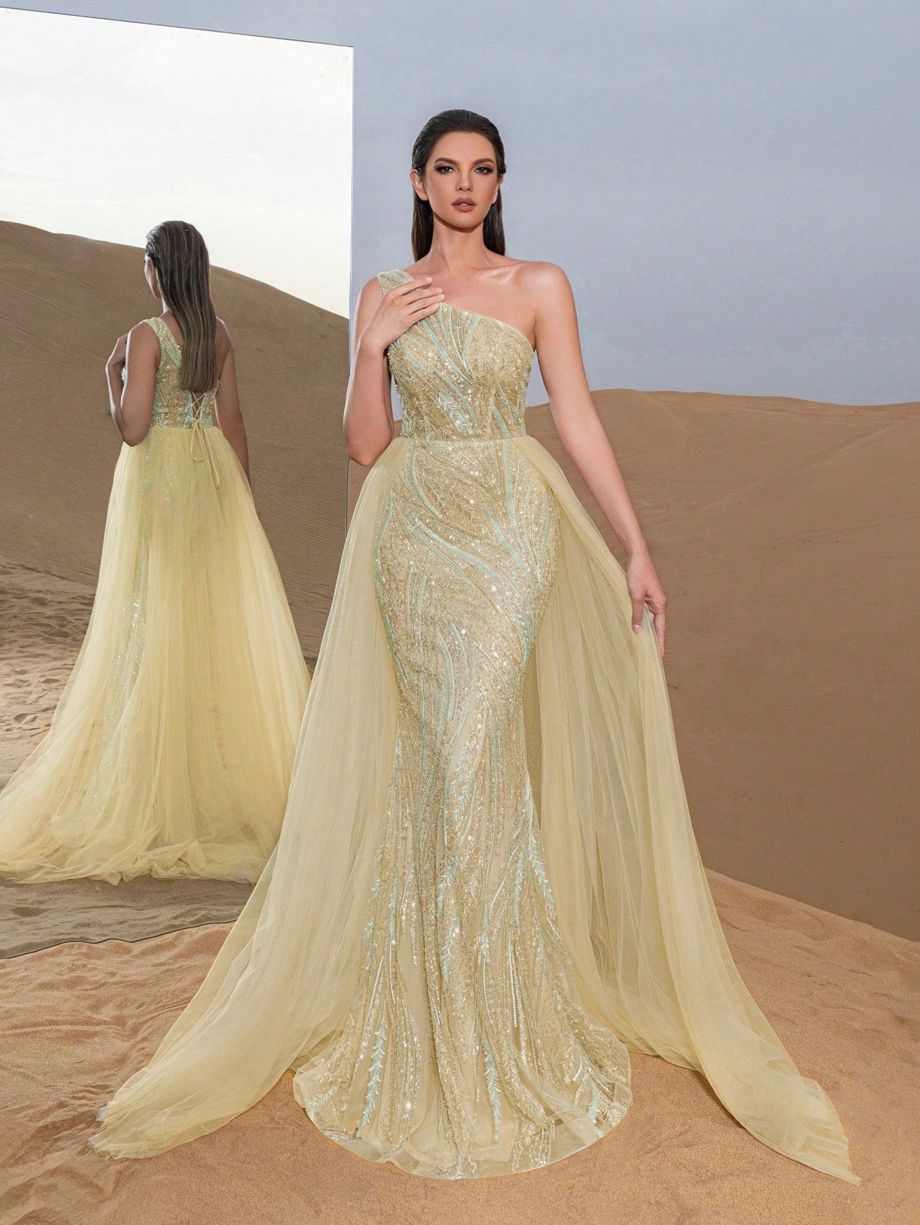 Luxury One Shoulder Mesh Overlay Mermaid Hem Beaded Formal Dresses & Evening Gowns