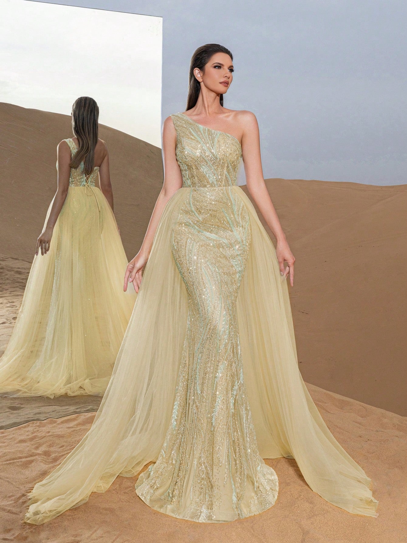 Luxury One Shoulder Mesh Overlay Mermaid Hem Beaded Formal Dresses & Evening Gowns