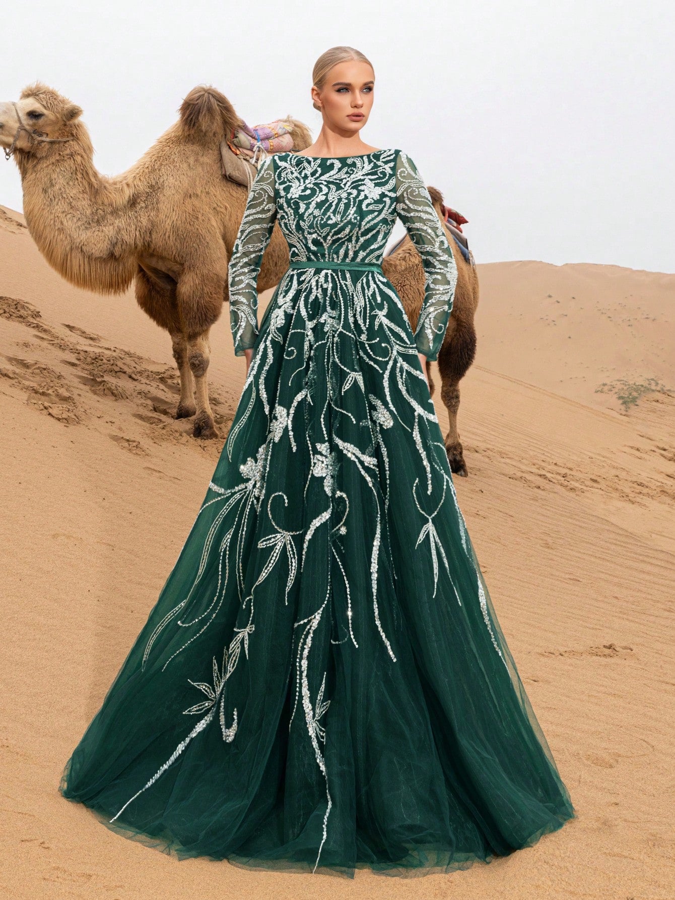 Gorgeous Boat Neck Floral Sequin Beaded Formal Prom Dresses & Evening Gowns