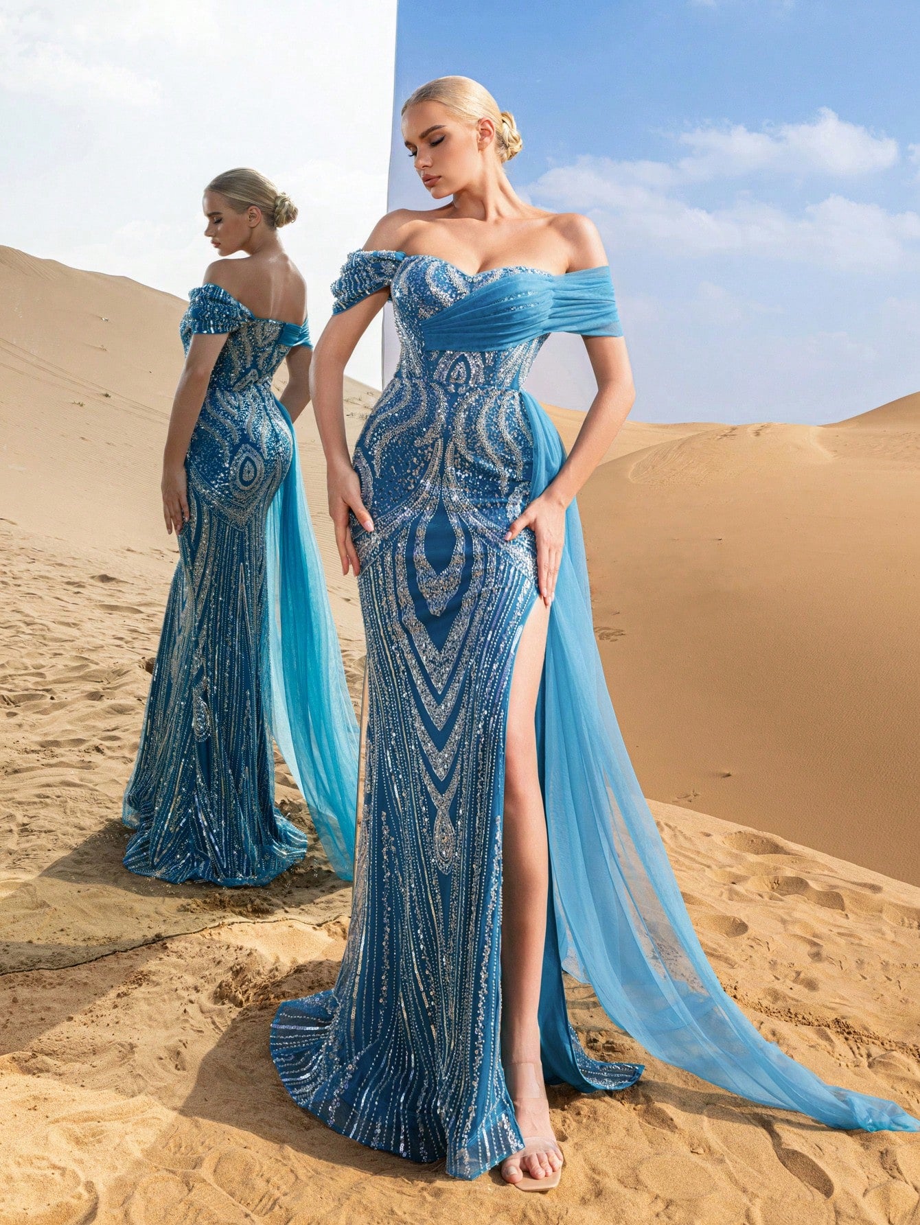 Gorgeous Off Shoulder Contrast Mesh Mermaid Hem Beaded Formal Dresses & Evening Gowns