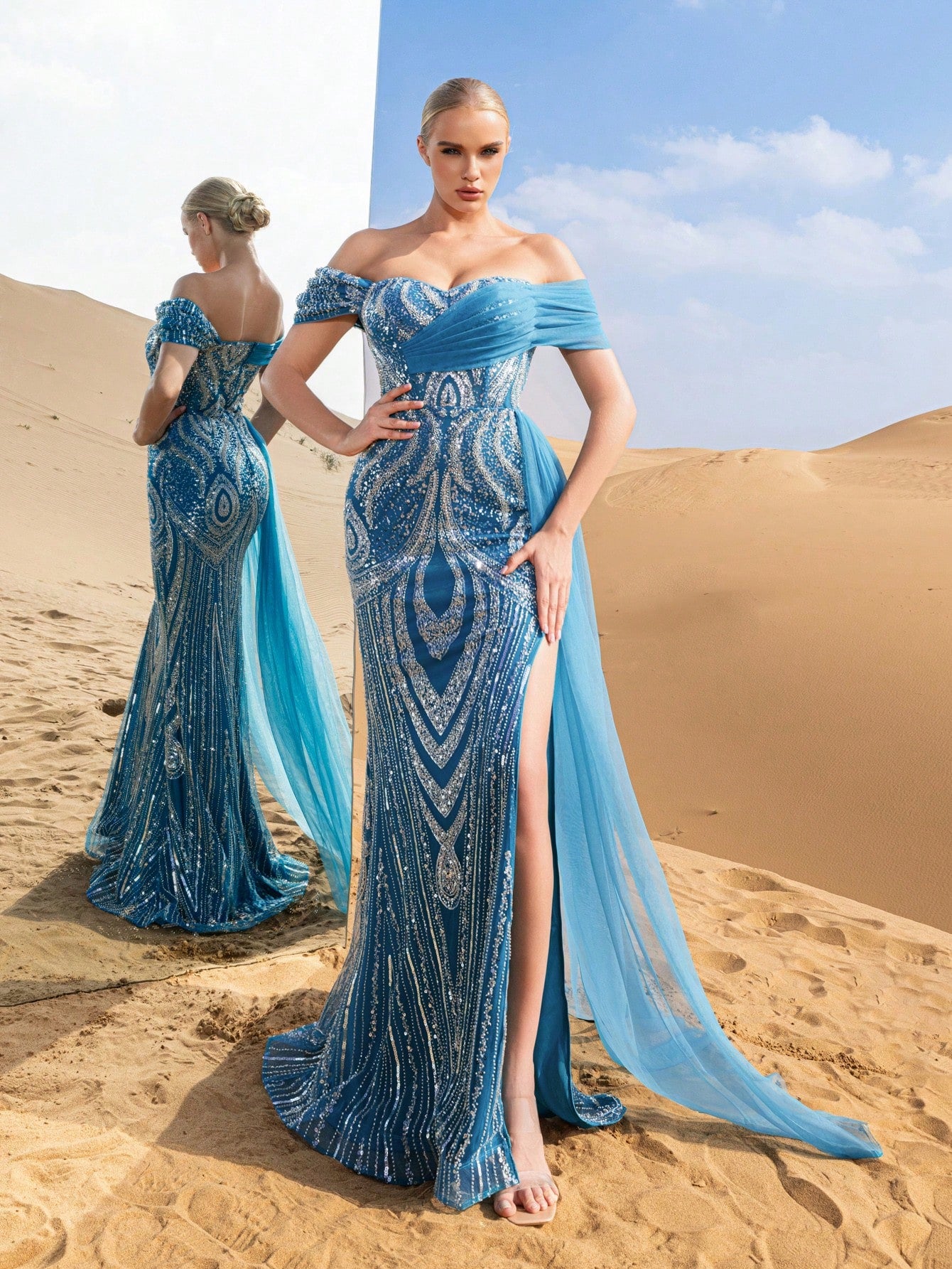 Gorgeous Off Shoulder Contrast Mesh Mermaid Hem Beaded Formal Dresses & Evening Gowns