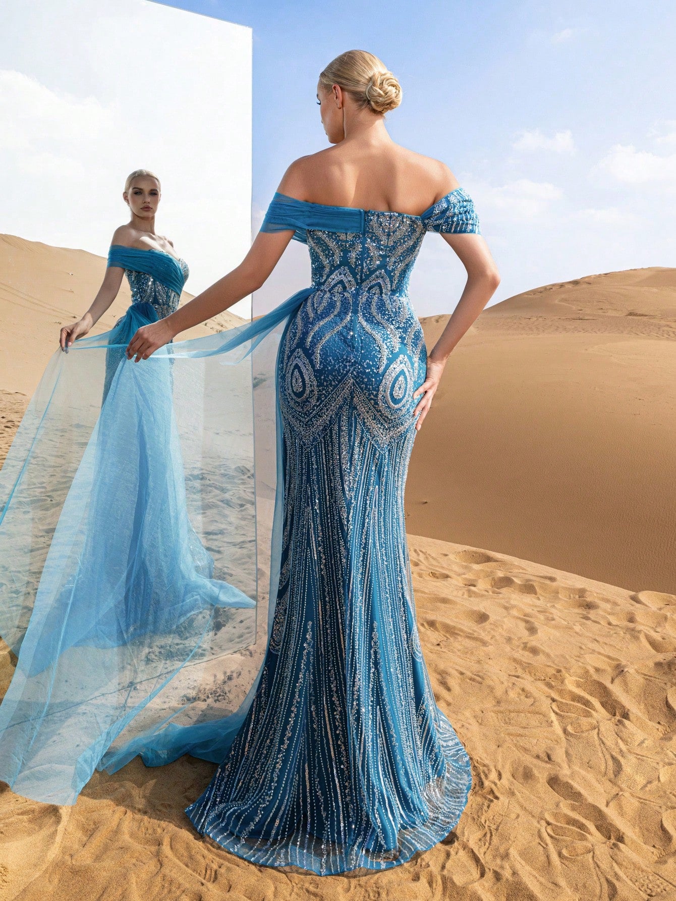 Gorgeous Off Shoulder Contrast Mesh Mermaid Hem Beaded Formal Dresses & Evening Gowns