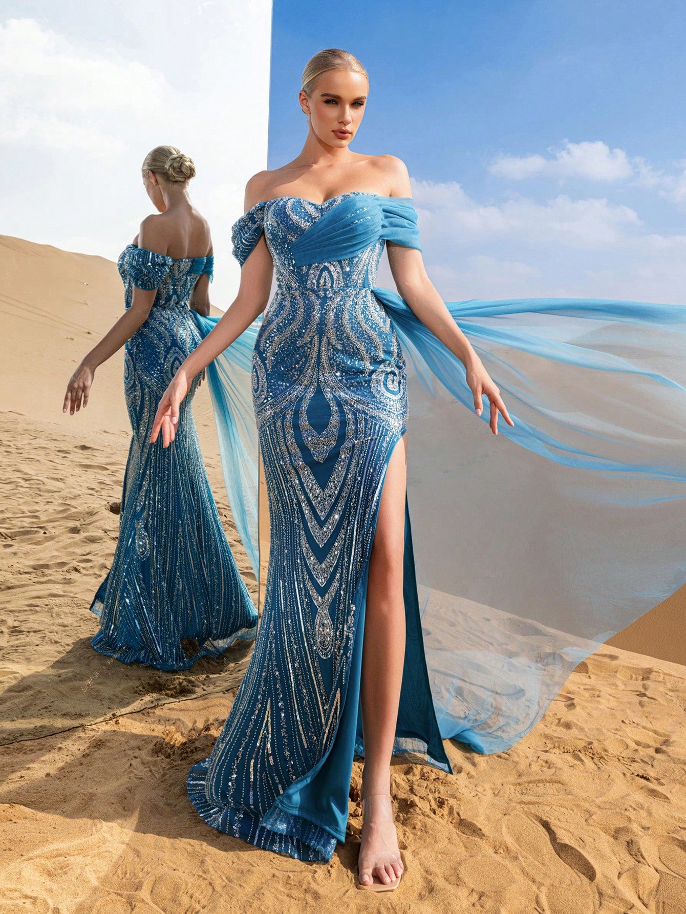 Gorgeous Off Shoulder Contrast Mesh Mermaid Hem Beaded Formal Dresses & Evening Gowns