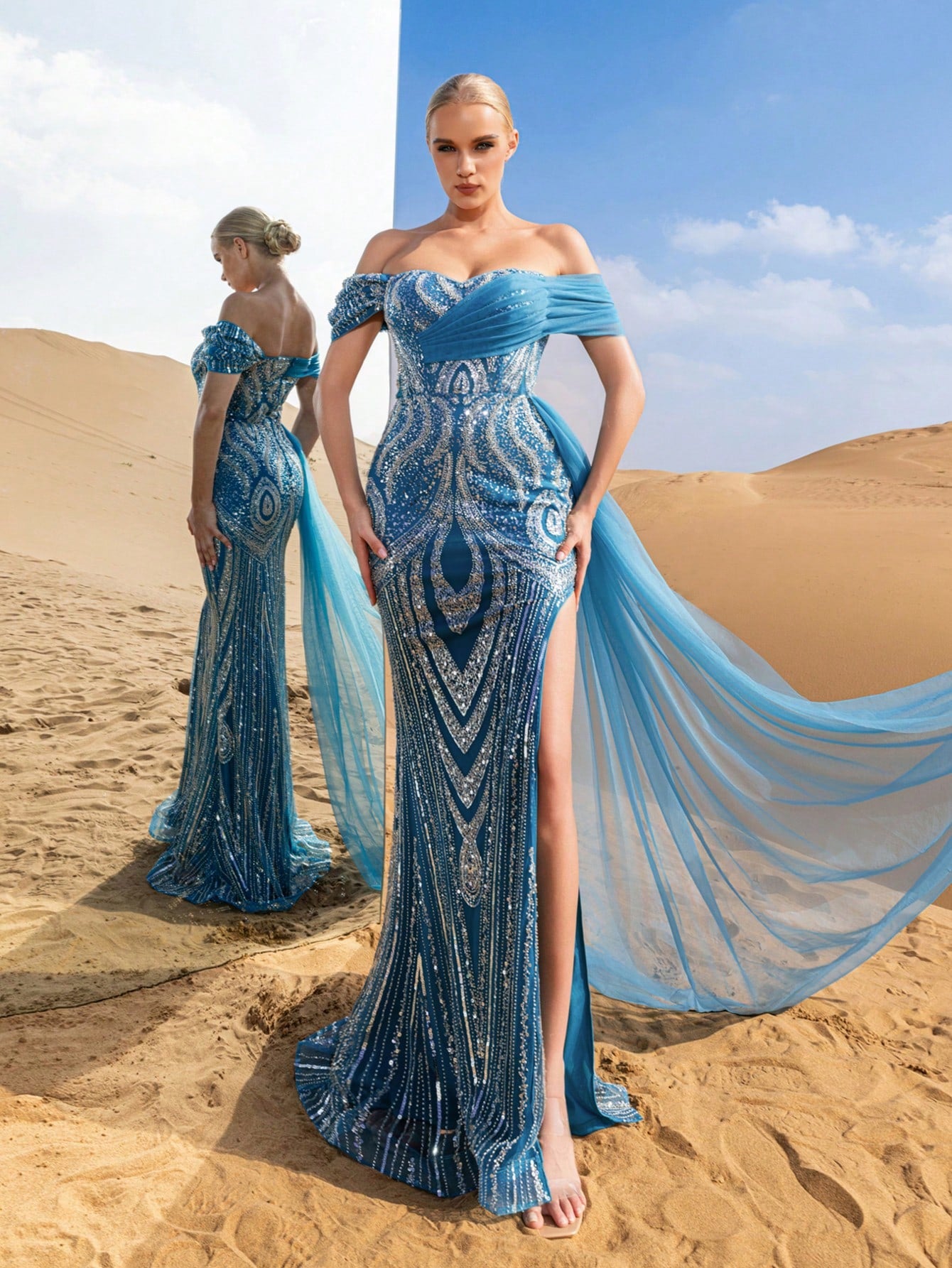 Gorgeous Off Shoulder Contrast Mesh Mermaid Hem Beaded Formal Dresses & Evening Gowns