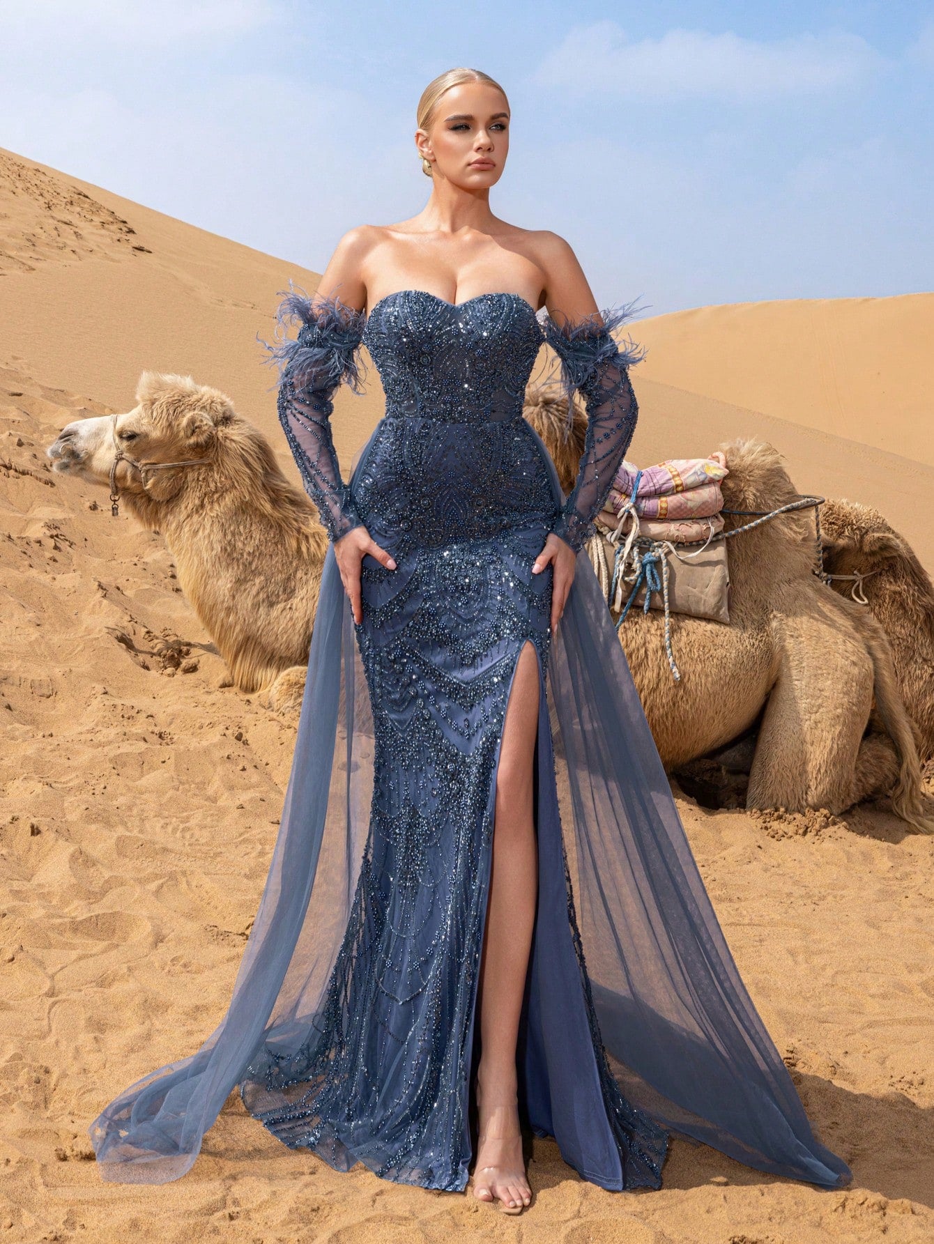 Luxury Off Shoulder Mesh Overlay Split Mermaid Hem Beaded Formal Dresses & Evening Gowns