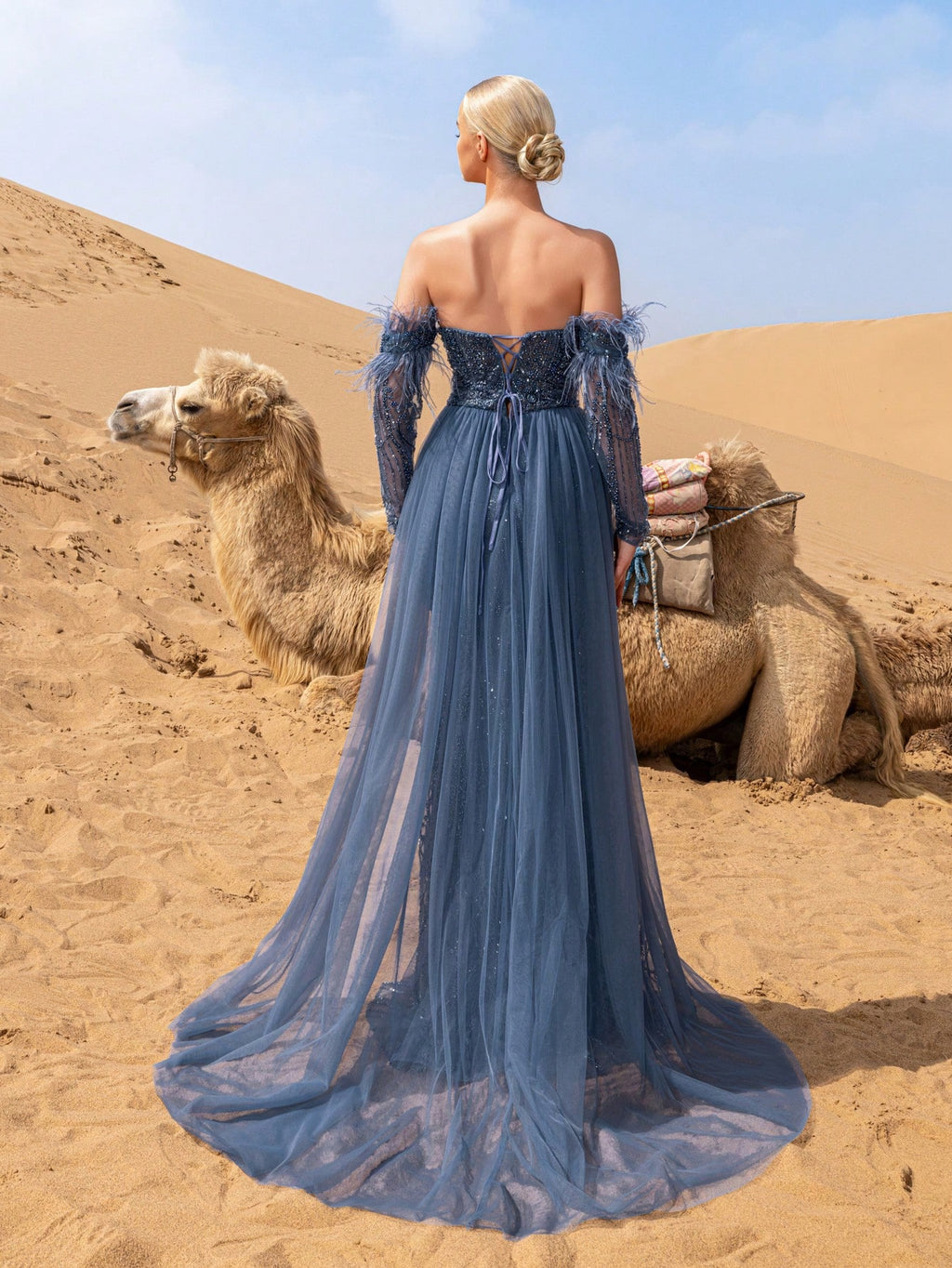 Luxury Off Shoulder Mesh Overlay Split Mermaid Hem Beaded Formal Dresses & Evening Gowns