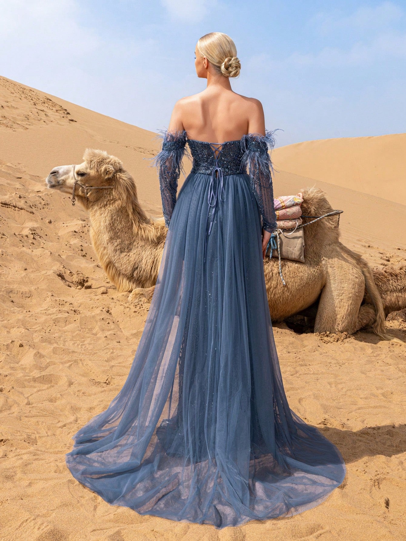 Luxury Off Shoulder Mesh Overlay Split Mermaid Hem Beaded Formal Dresses & Evening Gowns