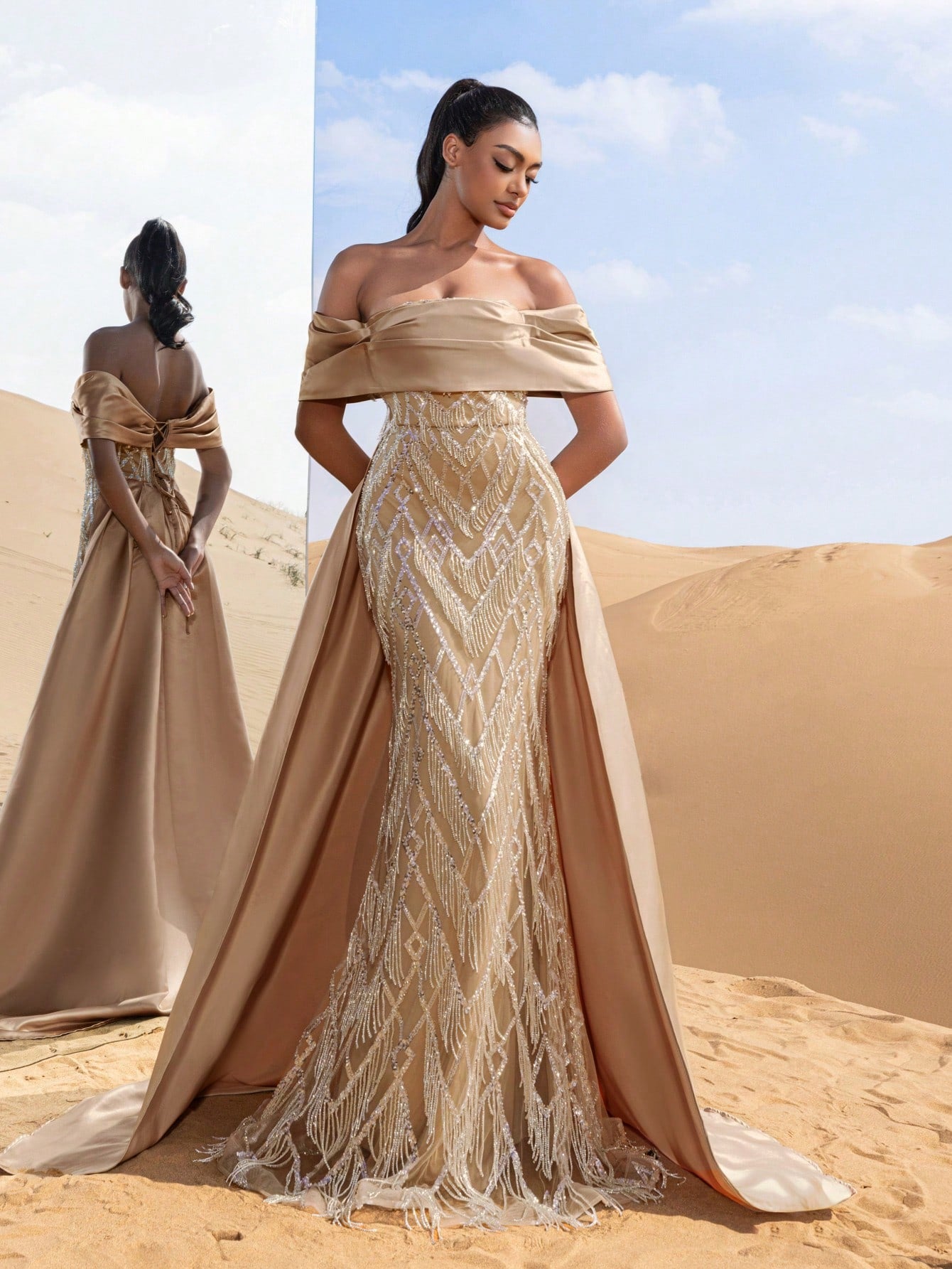 Gorgeous Off Shoulder Mermaid Hem Satin Train Fringed Beaded Formal Dresses & Evening Gowns