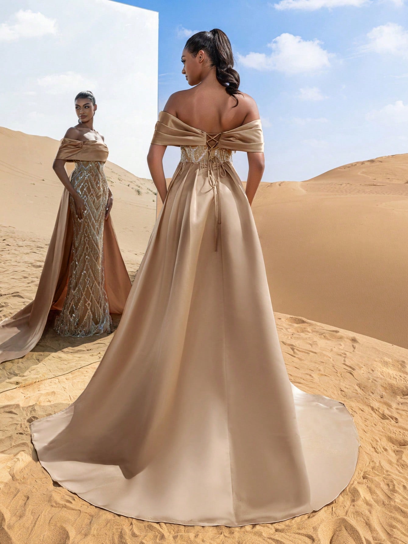 Gorgeous Off Shoulder Mermaid Hem Satin Train Fringed Beaded Formal Dresses & Evening Gowns