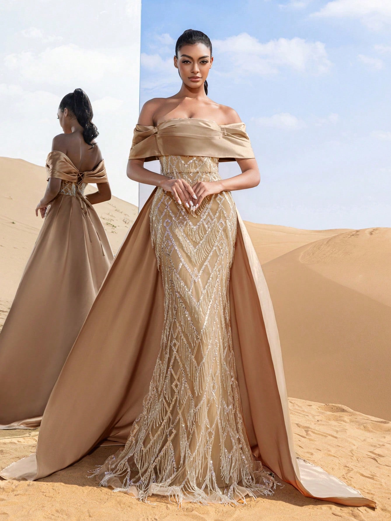 Gorgeous Off Shoulder Mermaid Hem Satin Train Fringed Beaded Formal Dresses & Evening Gowns