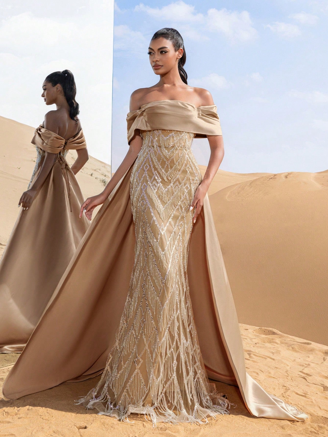Gorgeous Off Shoulder Mermaid Hem Satin Train Fringed Beaded Formal Dresses & Evening Gowns