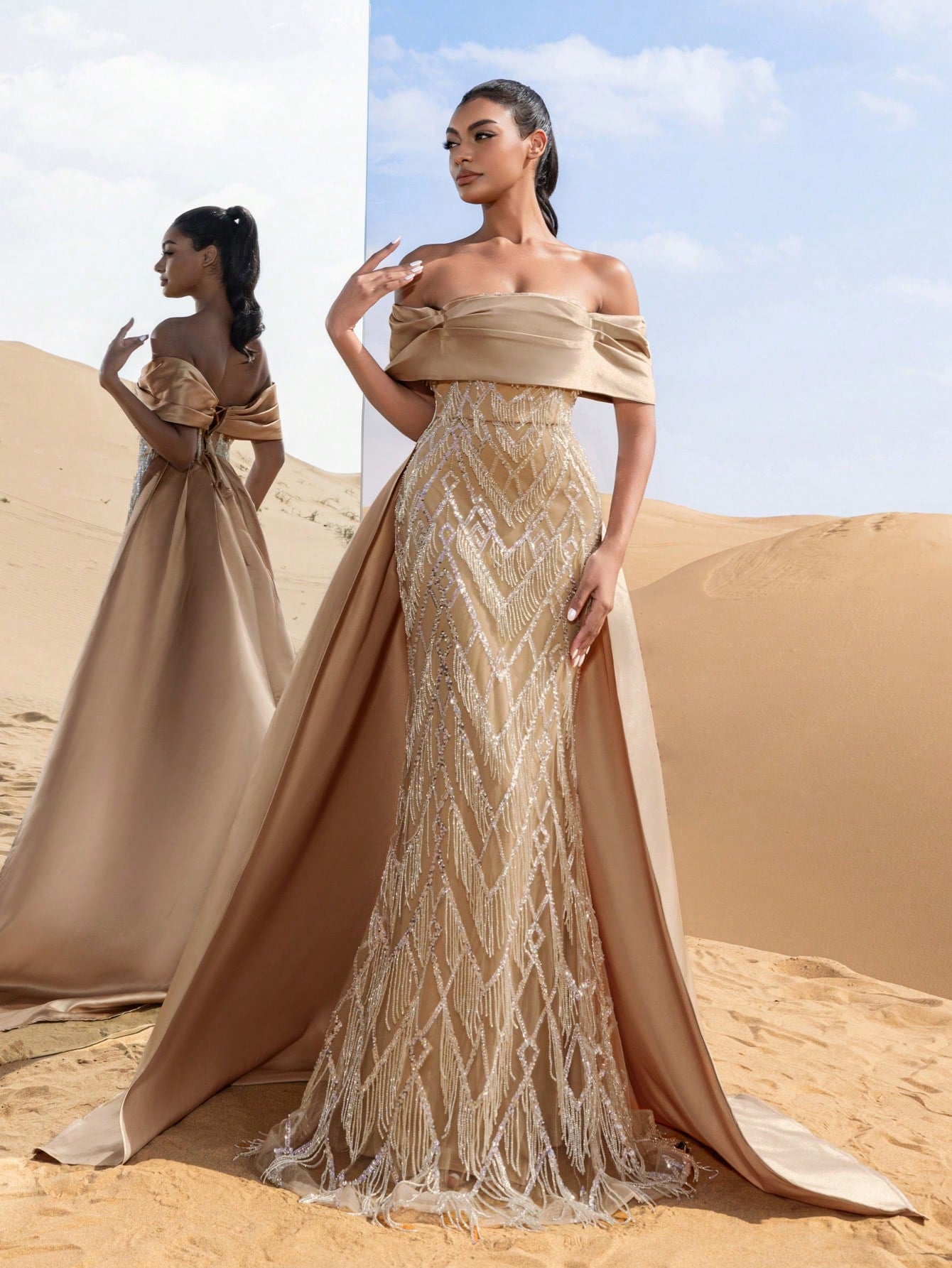 Gorgeous Off Shoulder Mermaid Hem Satin Train Fringed Beaded Formal Dresses & Evening Gowns
