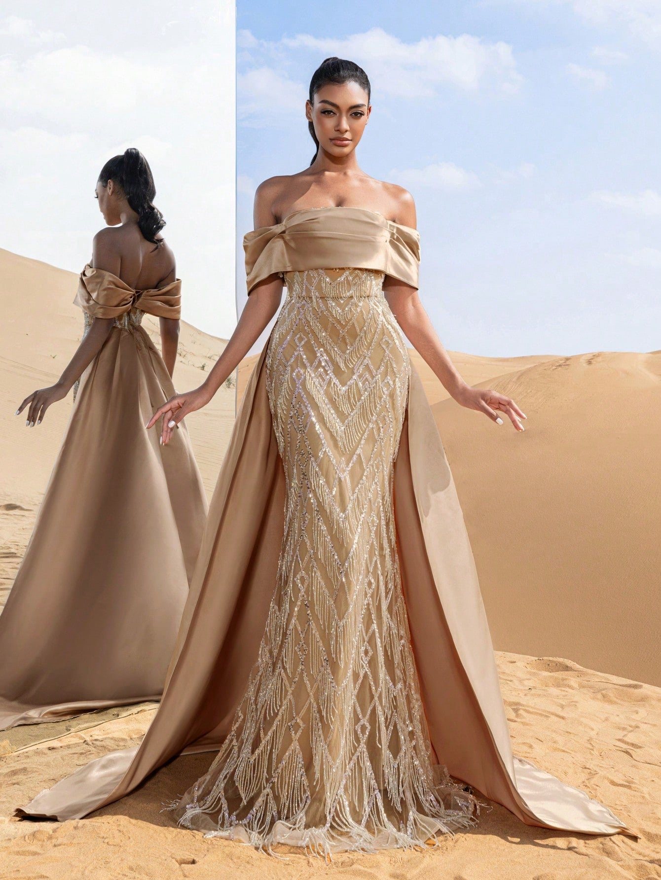 Gorgeous Off Shoulder Mermaid Hem Satin Train Fringed Beaded Formal Dresses & Evening Gowns