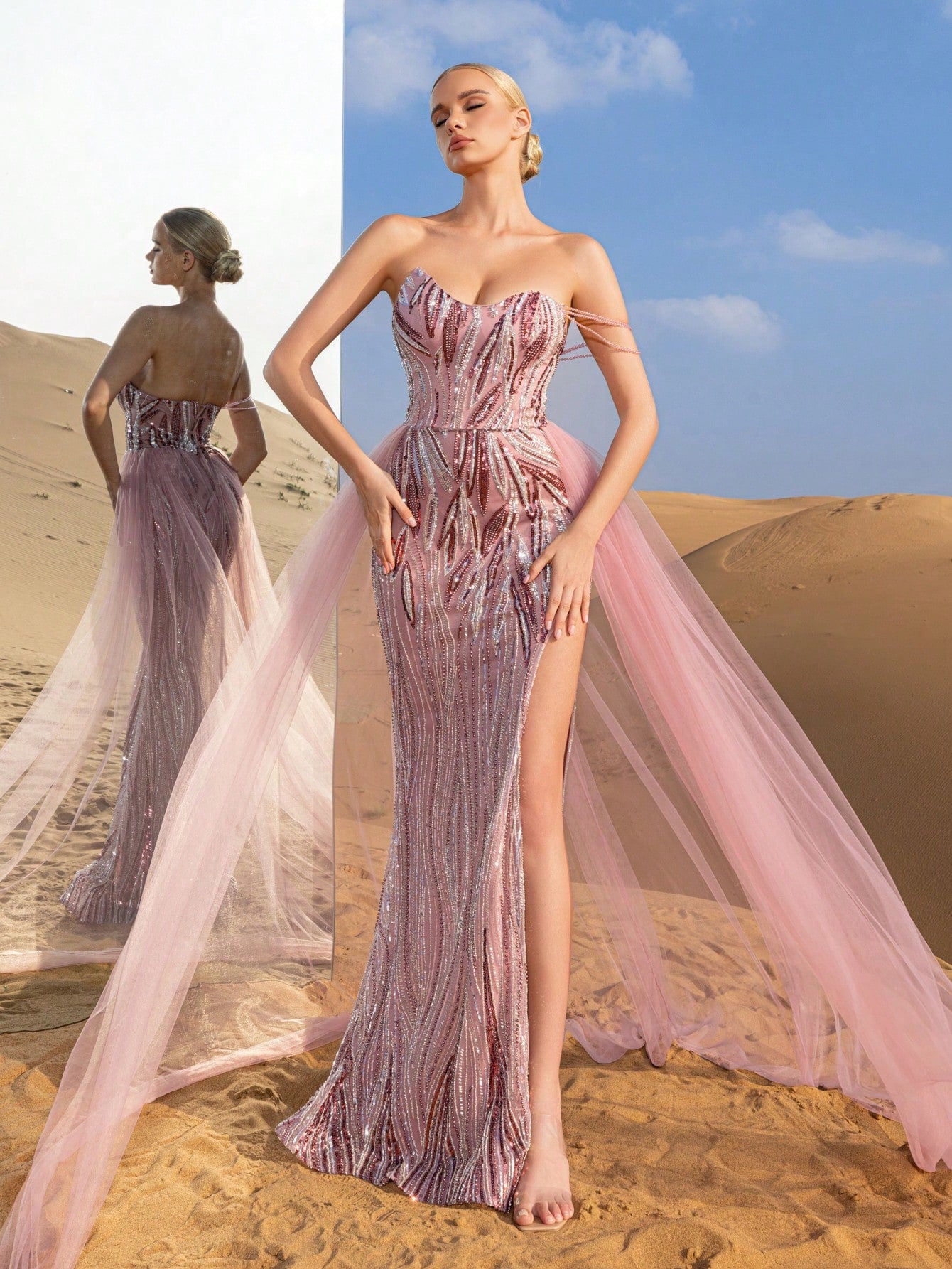 Gorgeous Chain Detail Mesh Overlay Split Mermaid Hem Beaded Formal Dresses & Evening Gowns