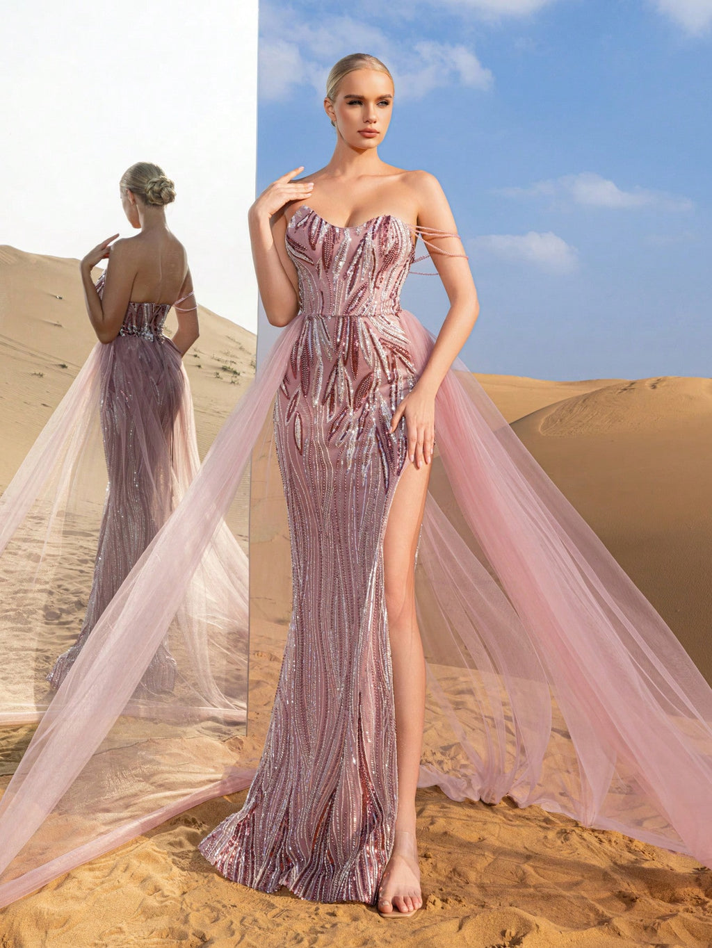 Gorgeous Chain Detail Mesh Overlay Split Mermaid Hem Beaded Formal Dresses & Evening Gowns