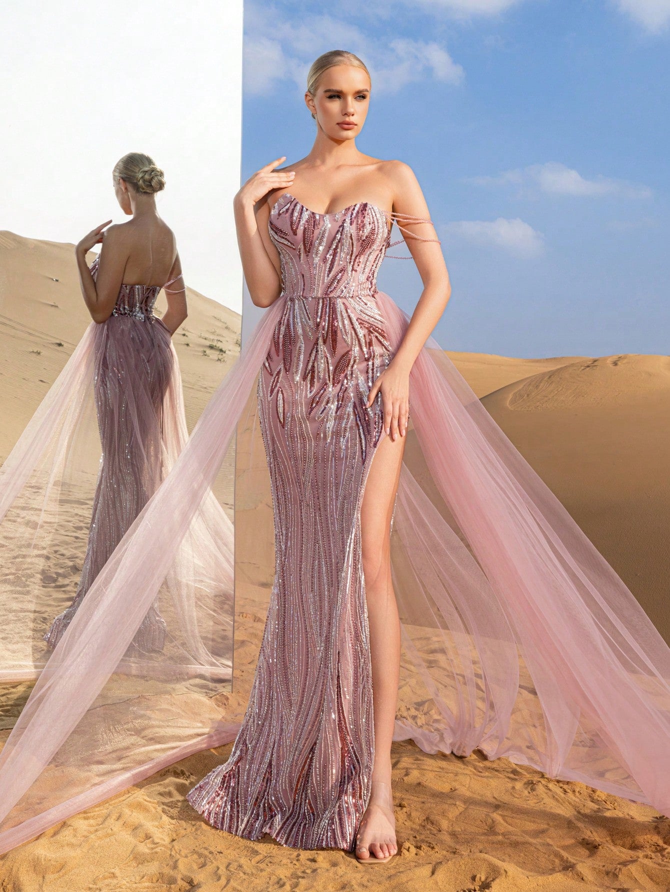Gorgeous Chain Detail Mesh Overlay Split Mermaid Hem Beaded Formal Dresses & Evening Gowns