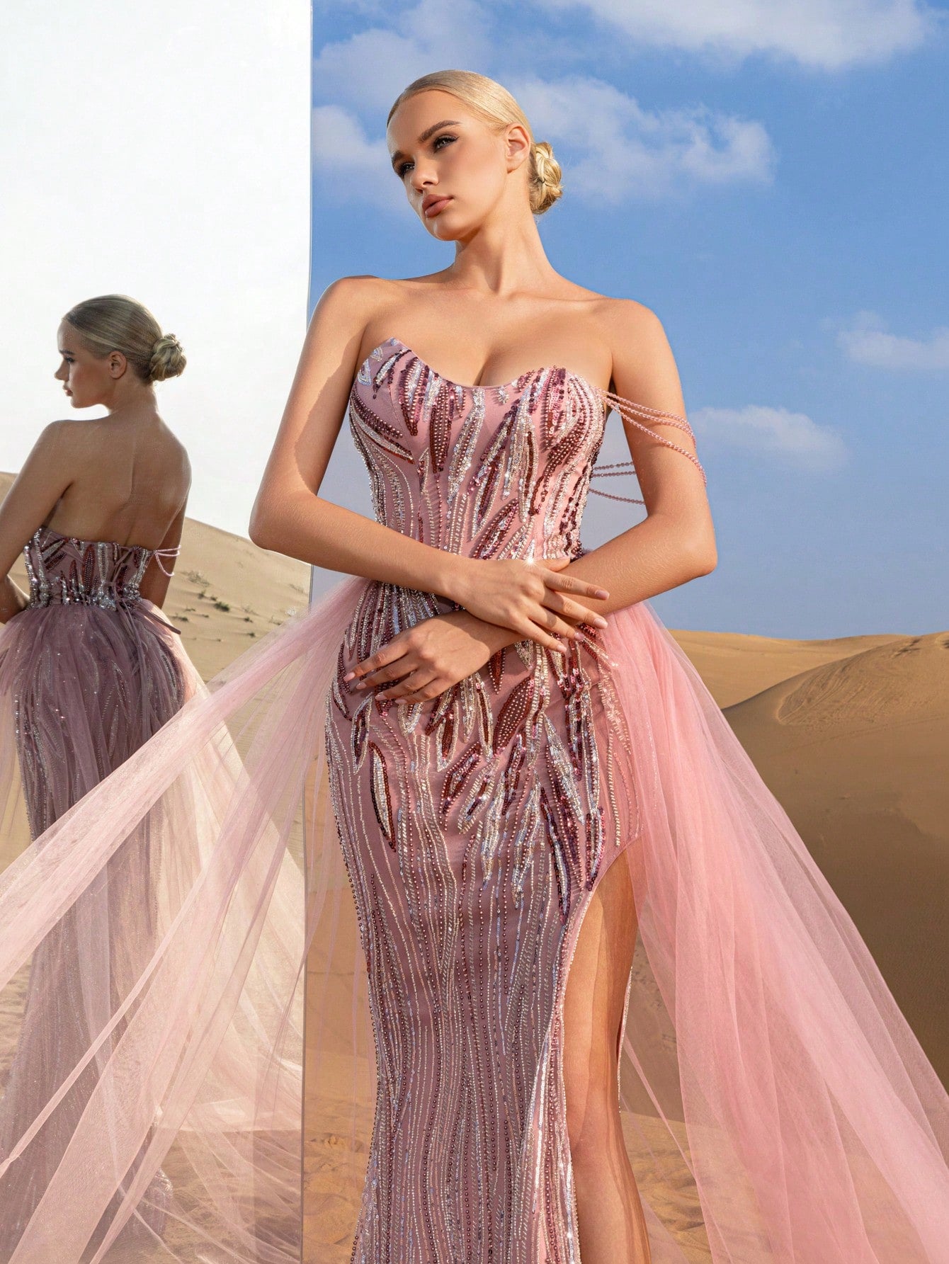 Gorgeous Chain Detail Mesh Overlay Split Mermaid Hem Beaded Formal Dresses & Evening Gowns