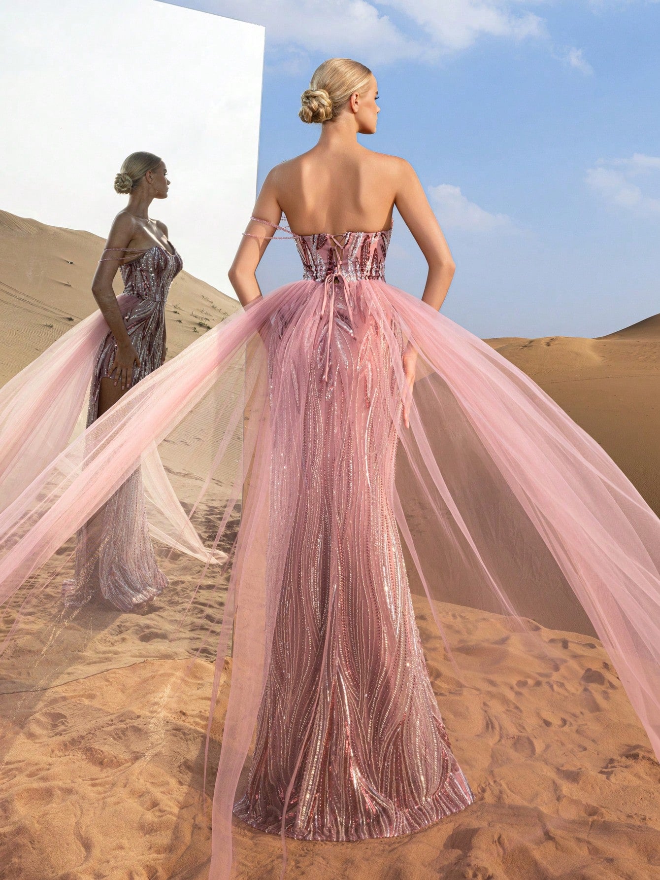 Gorgeous Chain Detail Mesh Overlay Split Mermaid Hem Beaded Formal Dresses & Evening Gowns