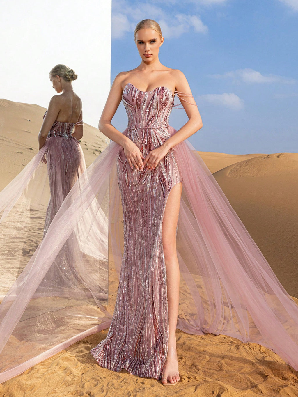 Gorgeous Chain Detail Mesh Overlay Split Mermaid Hem Beaded Formal Dresses & Evening Gowns