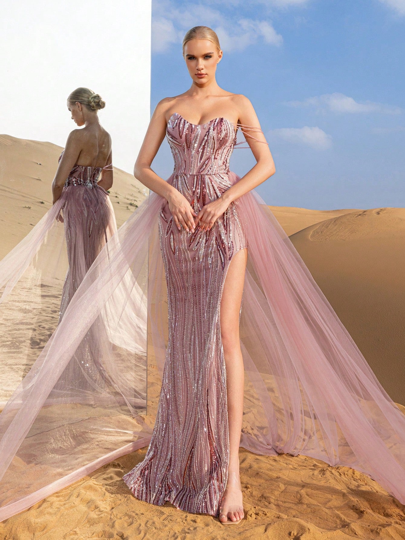 Gorgeous Chain Detail Mesh Overlay Split Mermaid Hem Beaded Formal Dresses & Evening Gowns