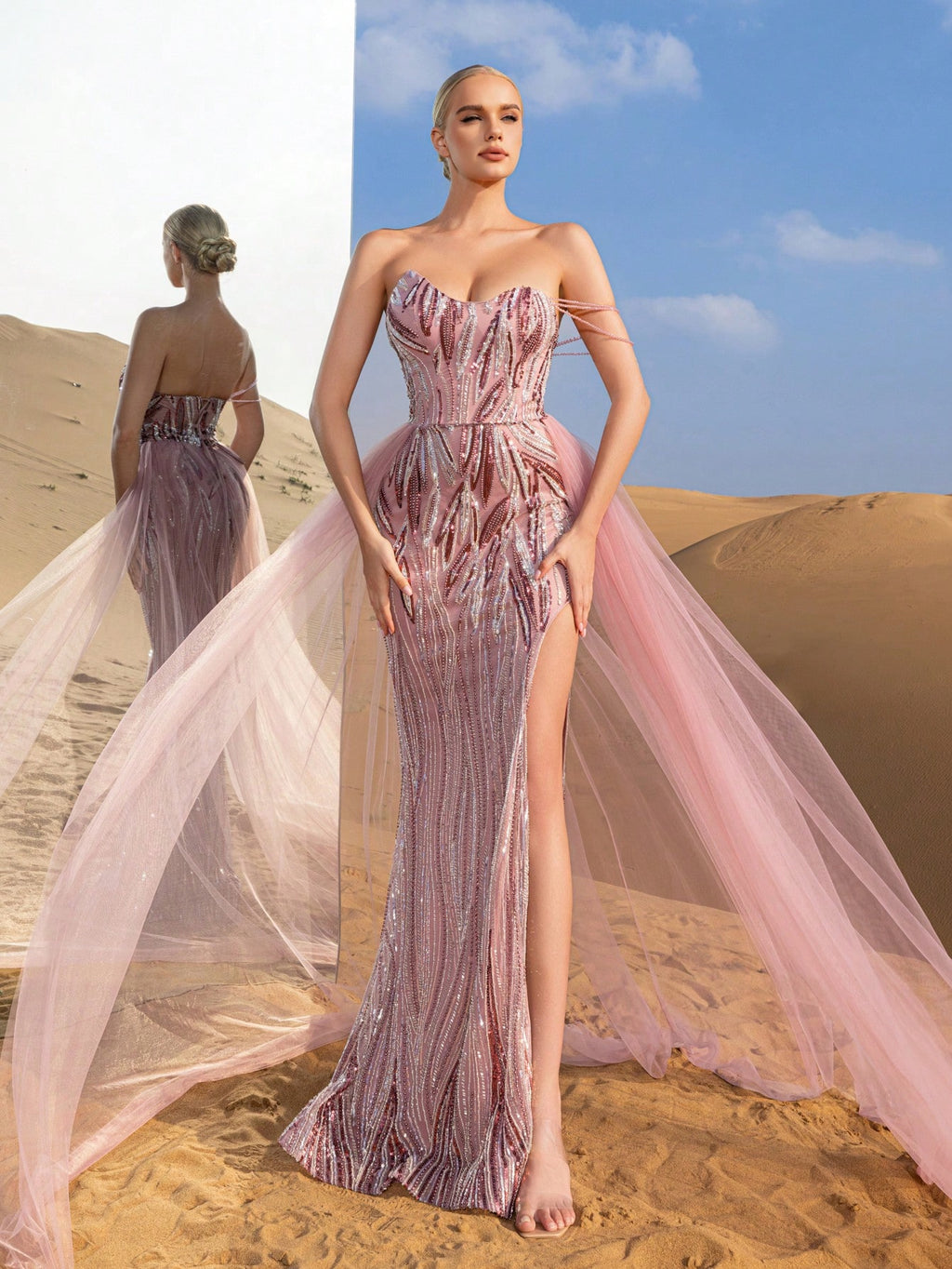 Gorgeous Chain Detail Mesh Overlay Split Mermaid Hem Beaded Formal Dresses & Evening Gowns