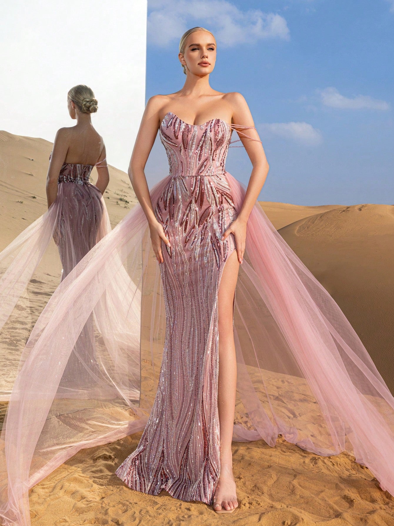 Gorgeous Chain Detail Mesh Overlay Split Mermaid Hem Beaded Formal Dresses & Evening Gowns