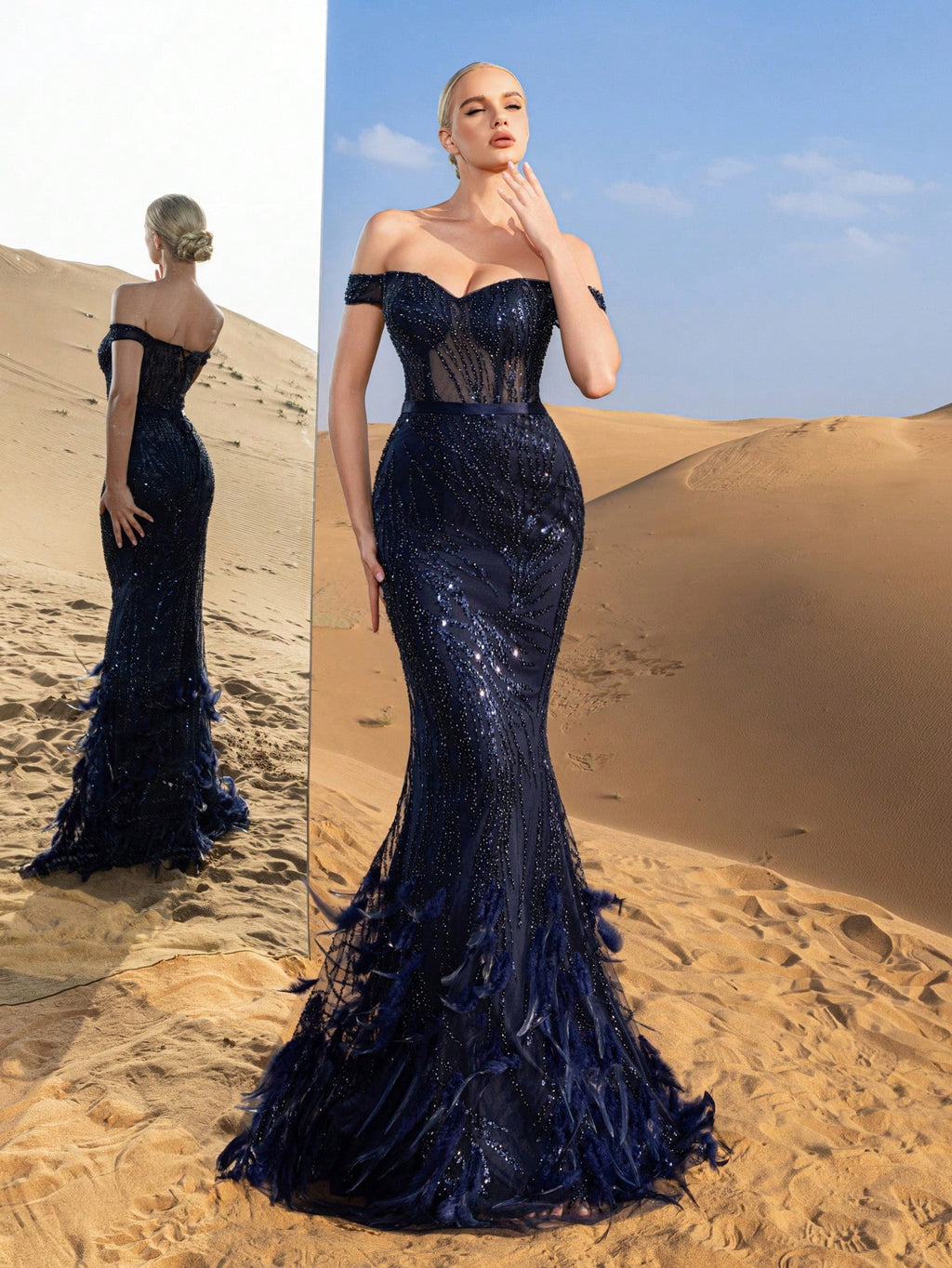 Gorgeous Off Shoulder Mermaid Hem Beaded Formal Dresses & Evening Gowns