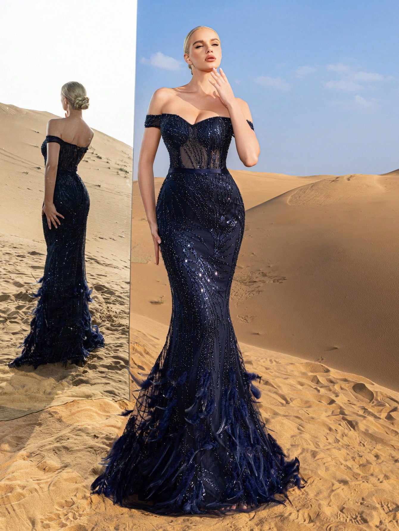 Gorgeous Off Shoulder Mermaid Hem Beaded Formal Dresses & Evening Gowns