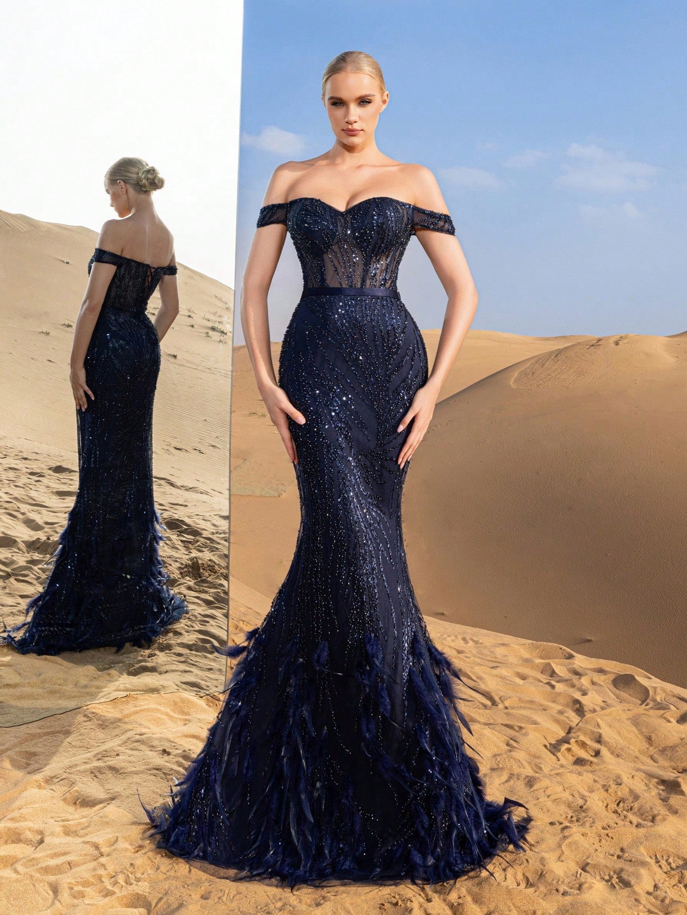 Gorgeous Off Shoulder Mermaid Hem Beaded Formal Dresses & Evening Gowns