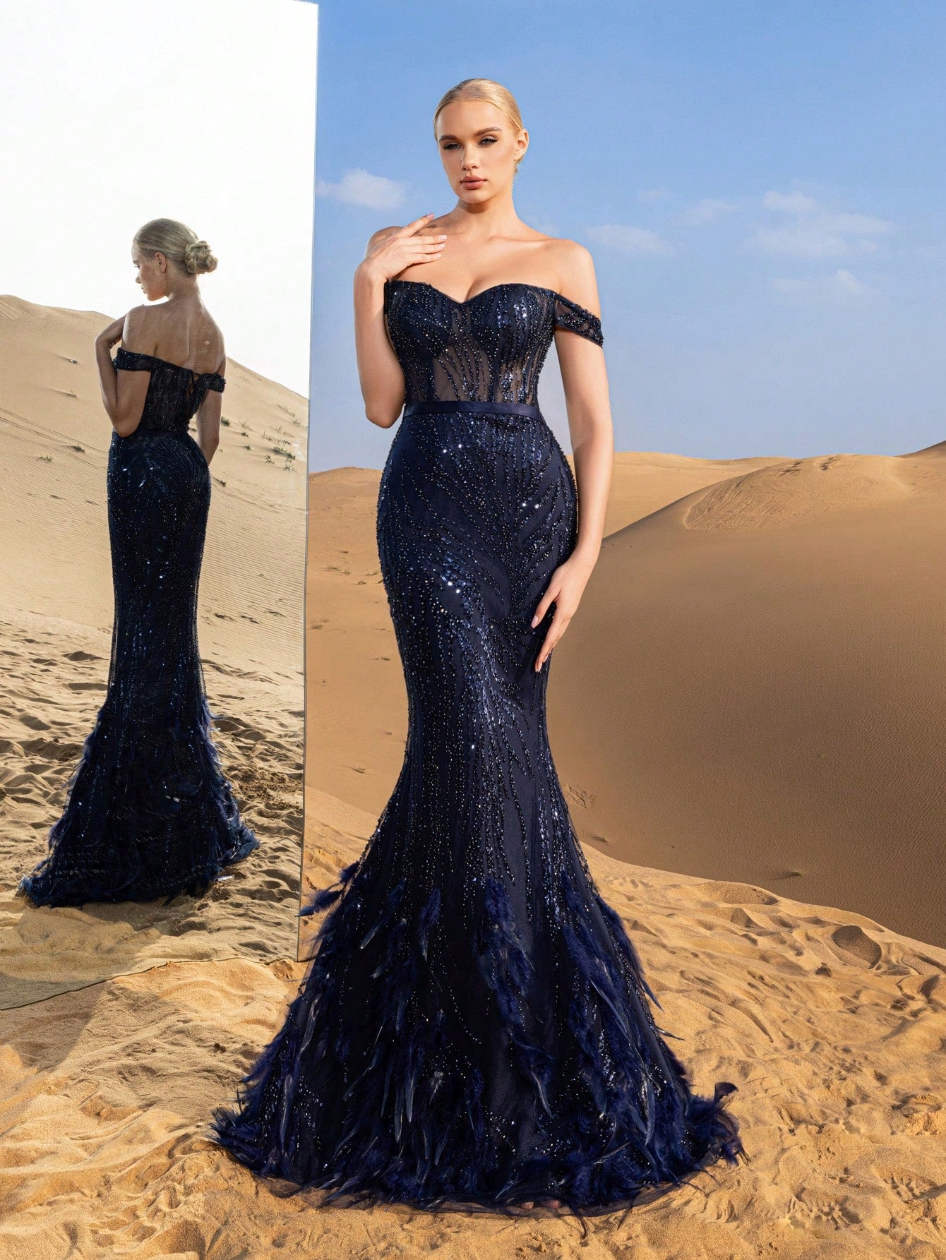 Gorgeous Off Shoulder Mermaid Hem Beaded Formal Dresses & Evening Gowns