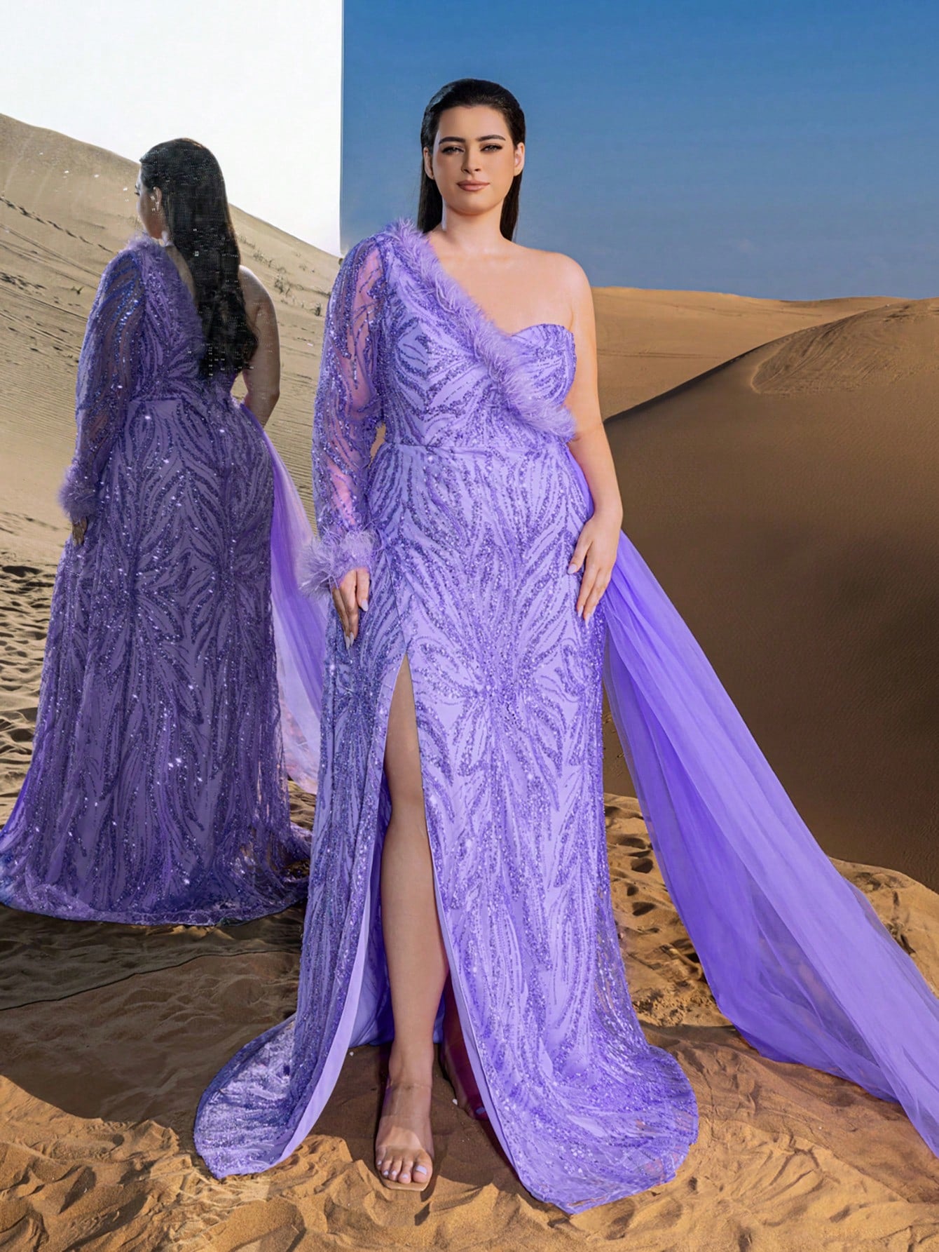 Plus Gorgeous One Shoulder Draped Side Graphic Beaded Formal Dresses & Evening Gowns