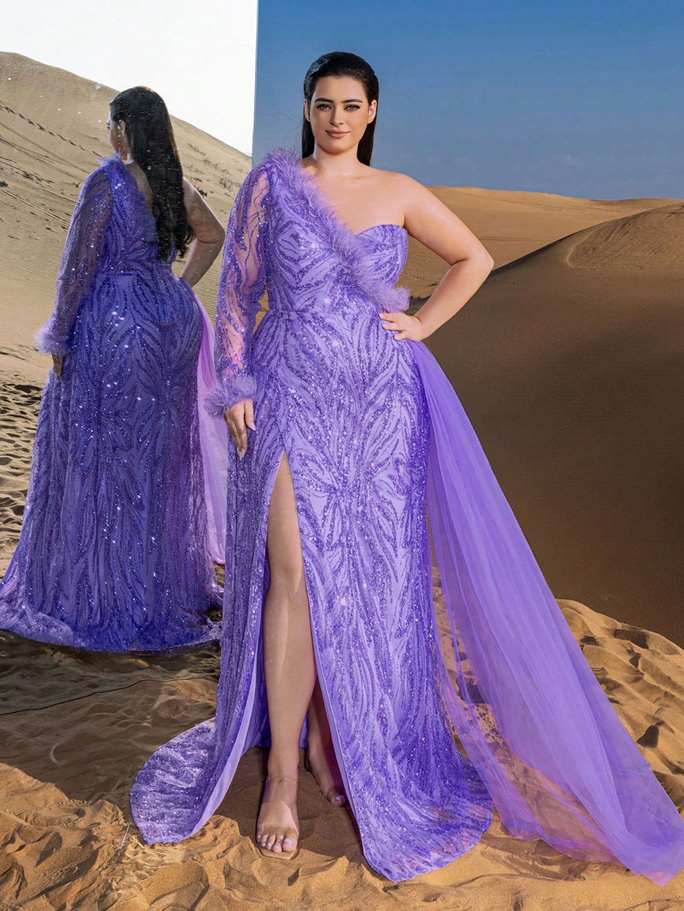 Plus Gorgeous One Shoulder Draped Side Graphic Beaded Formal Dresses & Evening Gowns
