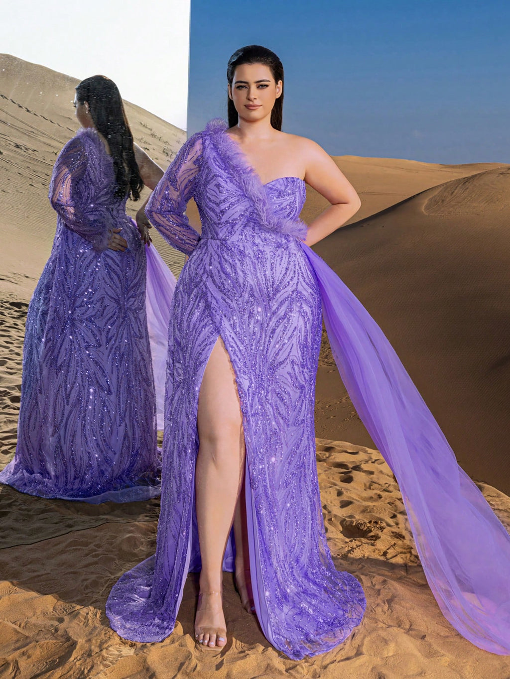 Plus Gorgeous One Shoulder Draped Side Graphic Beaded Formal Dresses & Evening Gowns