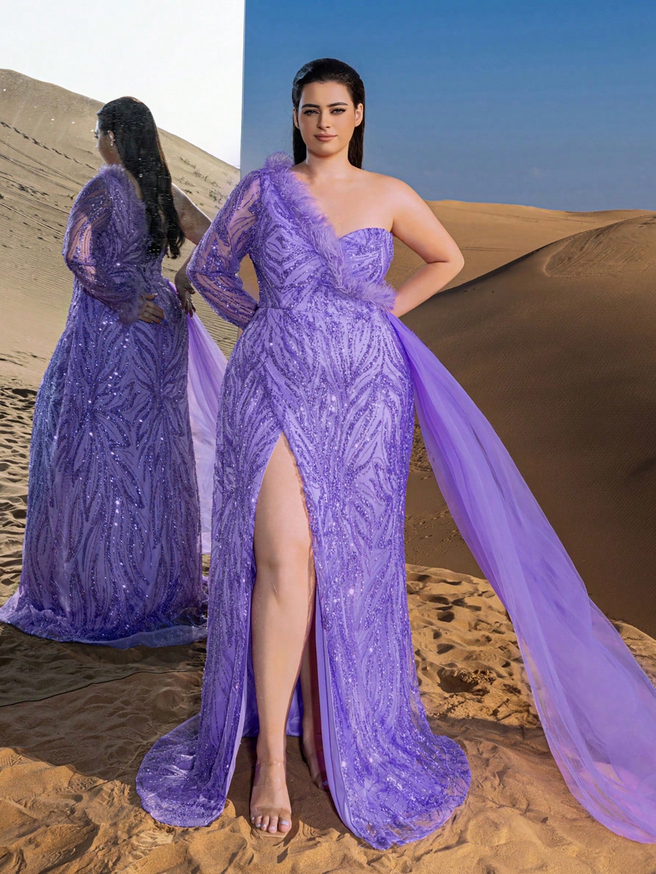 Plus Gorgeous One Shoulder Draped Side Graphic Beaded Formal Dresses & Evening Gowns