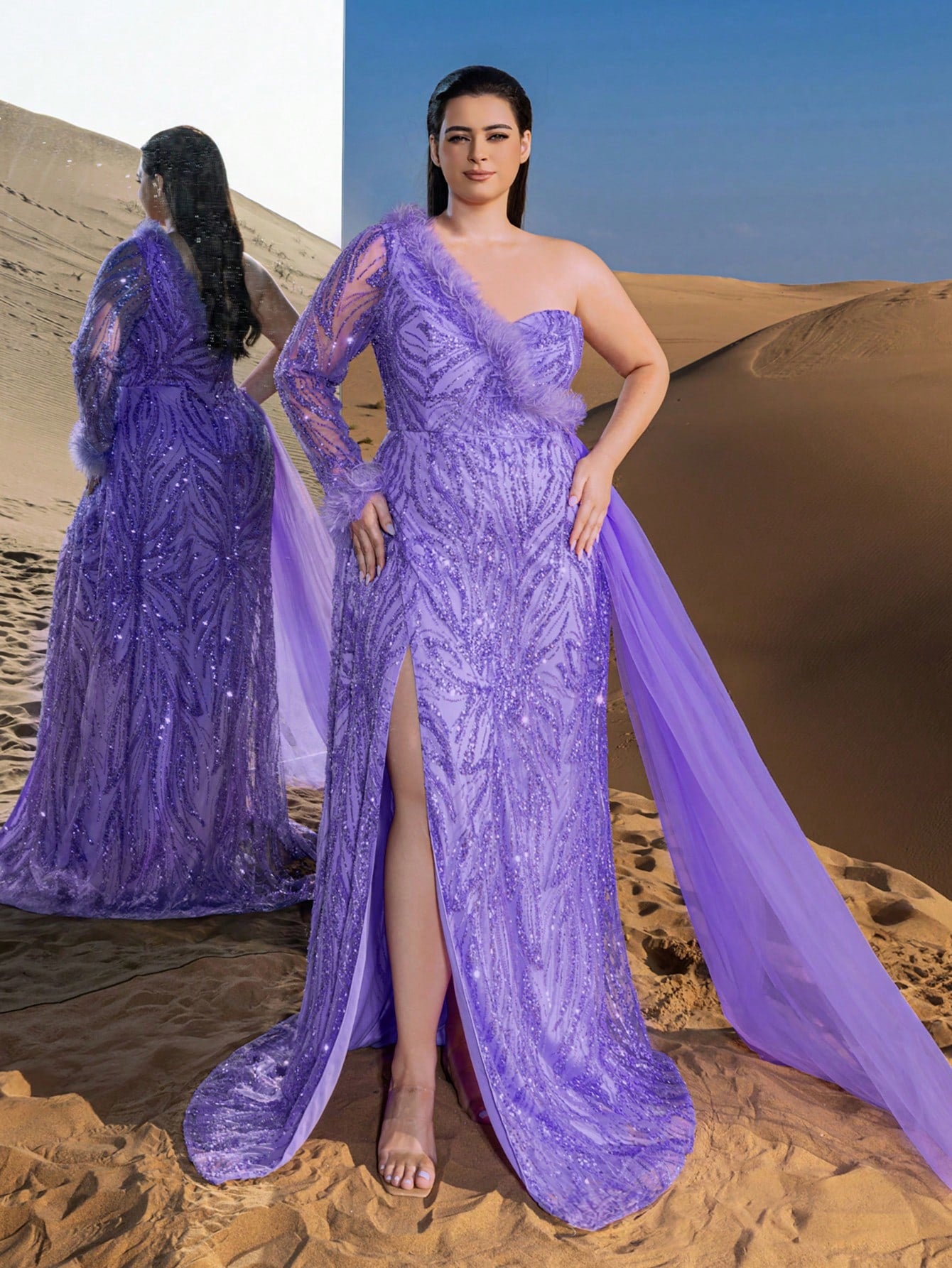 Plus Gorgeous One Shoulder Draped Side Graphic Beaded Formal Dresses & Evening Gowns