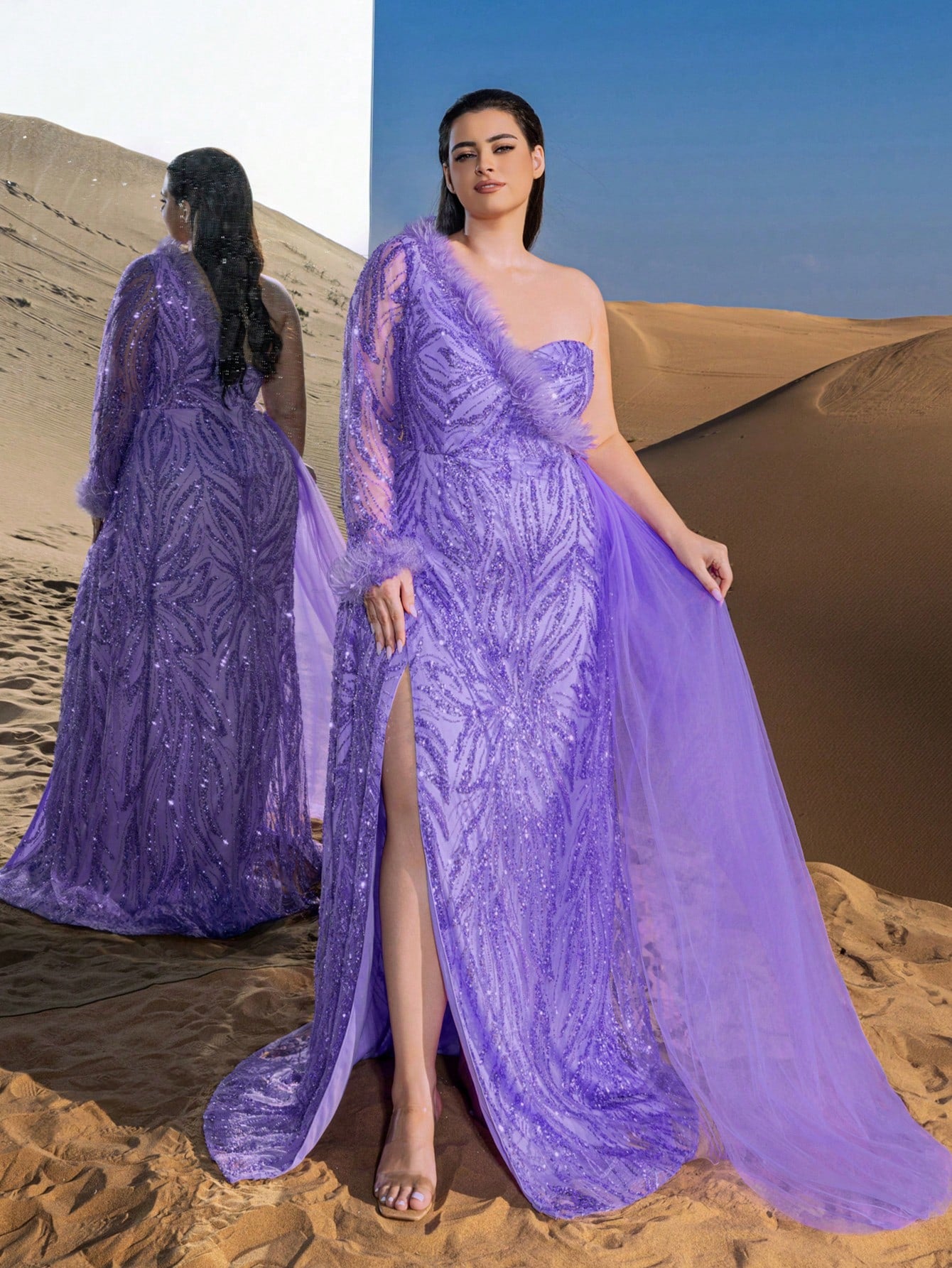 Plus Gorgeous One Shoulder Draped Side Graphic Beaded Formal Dresses & Evening Gowns