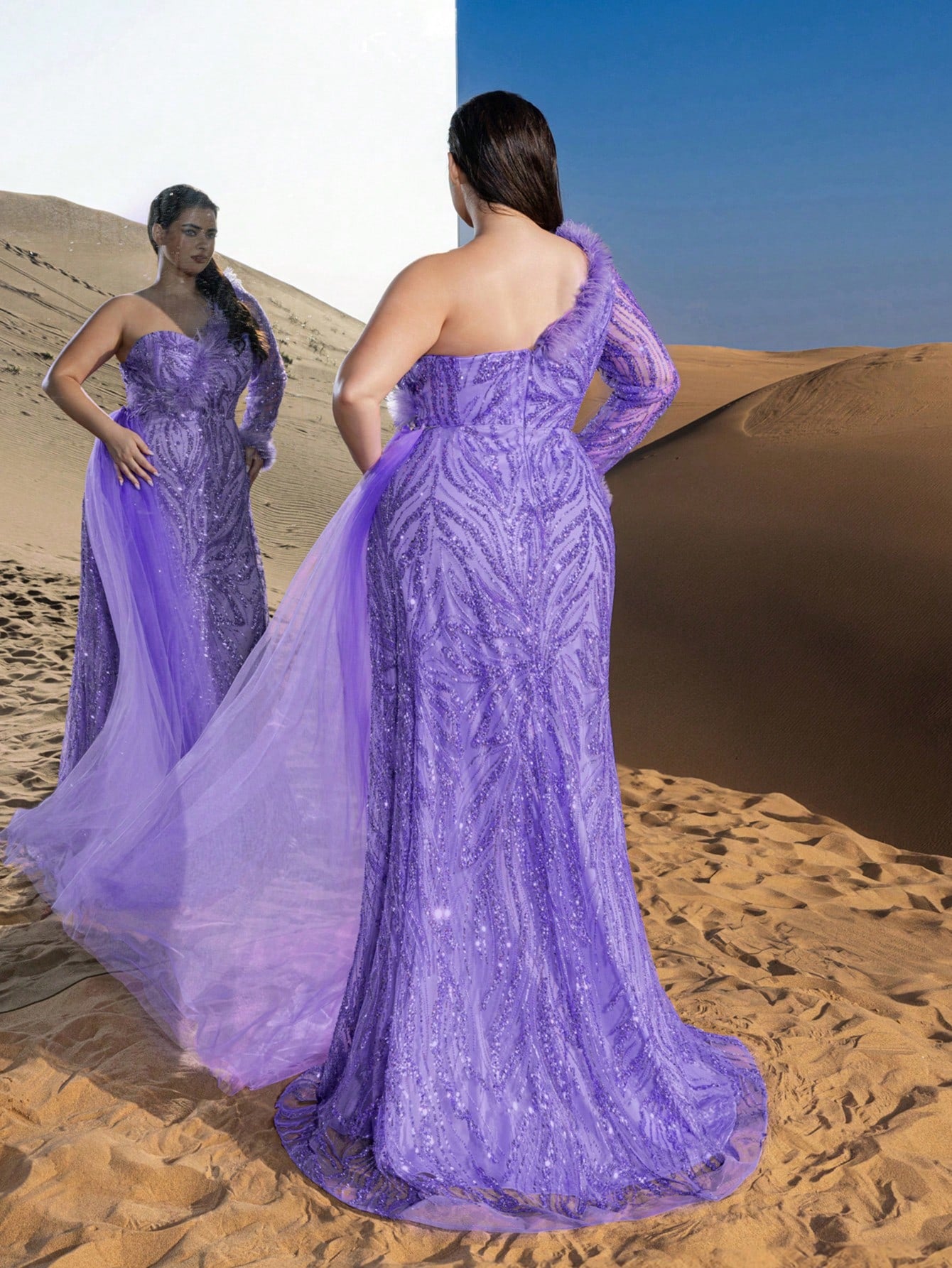 Plus Gorgeous One Shoulder Draped Side Graphic Beaded Formal Dresses & Evening Gowns