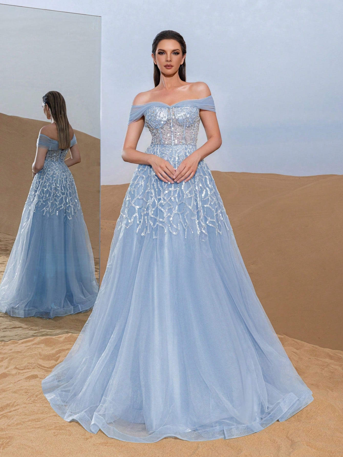 Gorgeous Luxury Off Shoulder Back Thread The Rope Mesh Overlay Beaded Gowns Formal Dresses & Evening Gowns