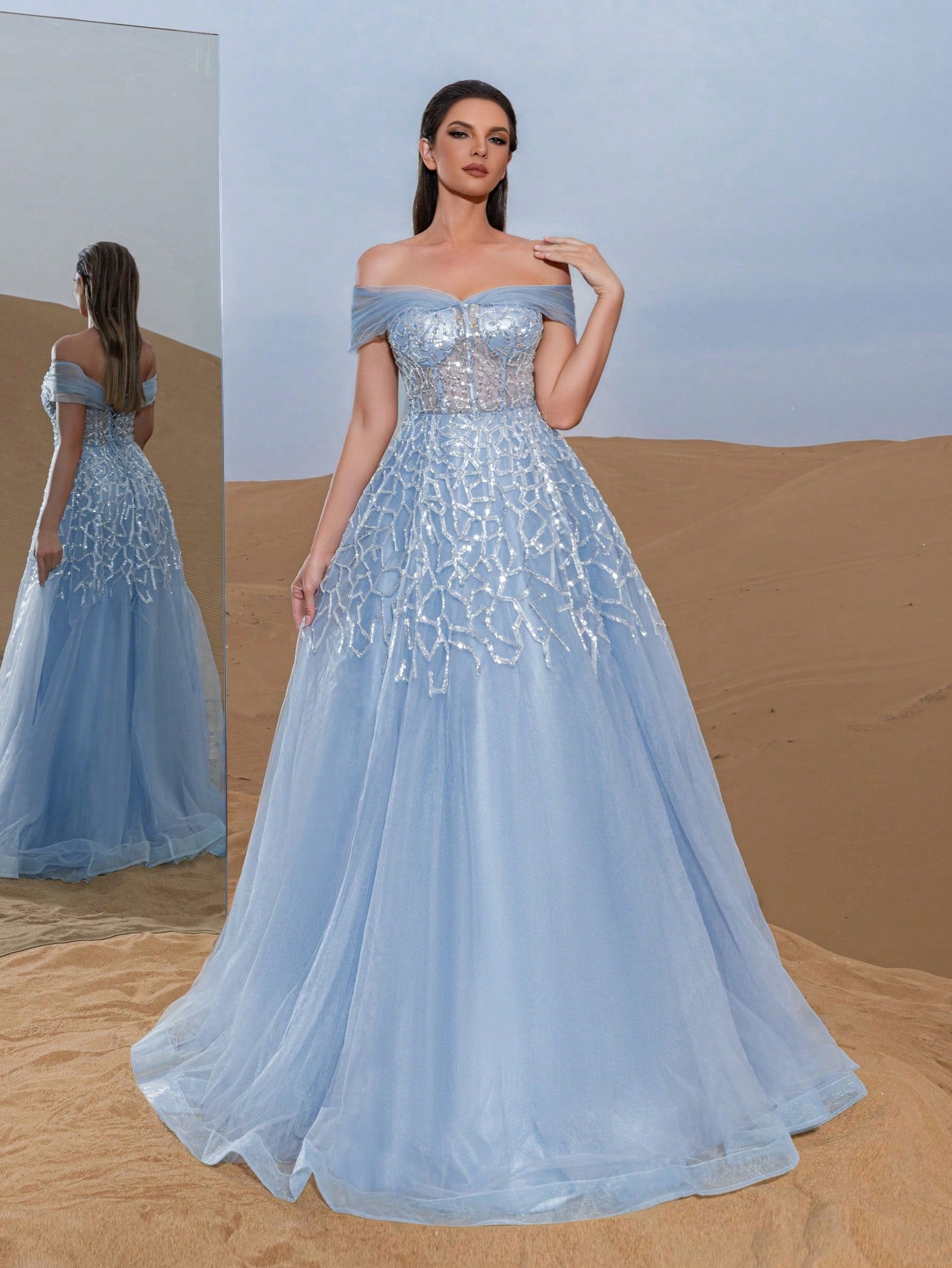 Gorgeous Luxury Off Shoulder Back Thread The Rope Mesh Overlay Beaded Gowns Formal Dresses & Evening Gowns