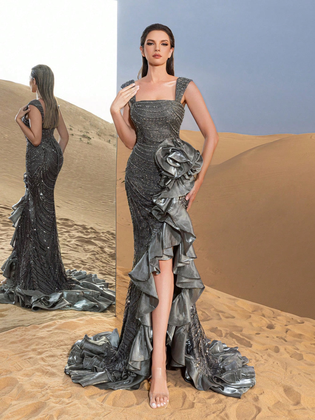 Luxury Layered Ruffle Dress with Sparkling Embellishments