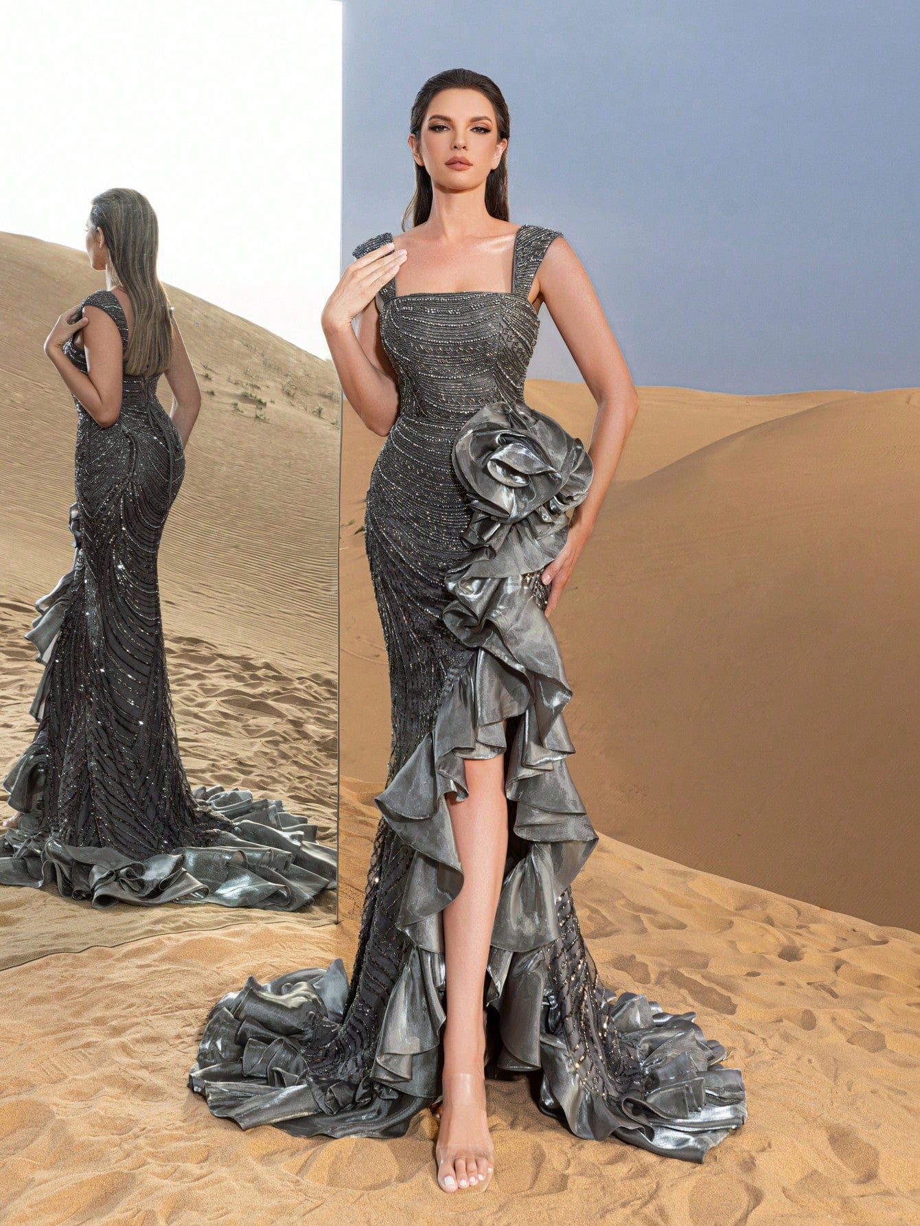 Luxury Layered Ruffle Dress with Sparkling Embellishments