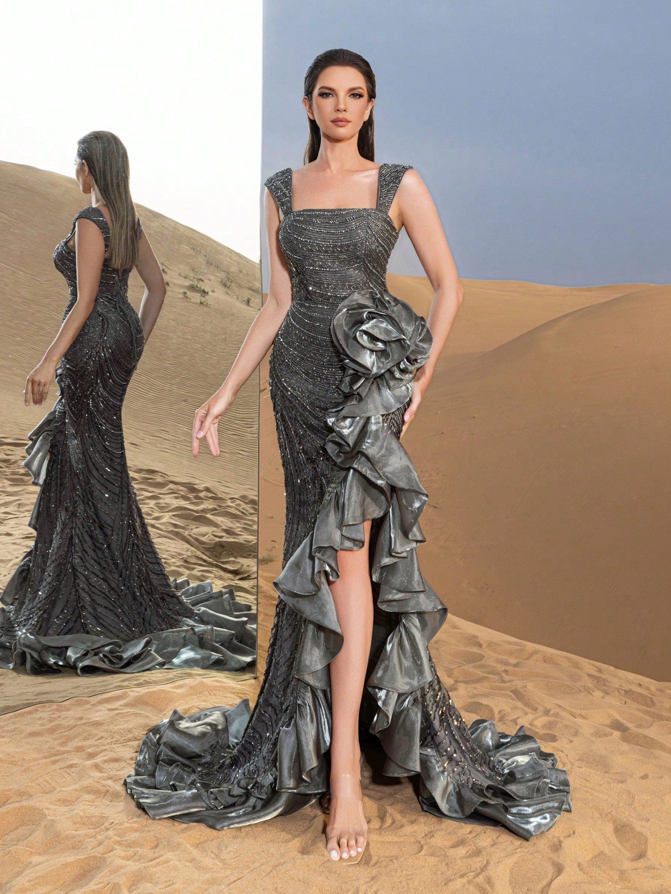 Luxury Layered Ruffle Dress with Sparkling Embellishments