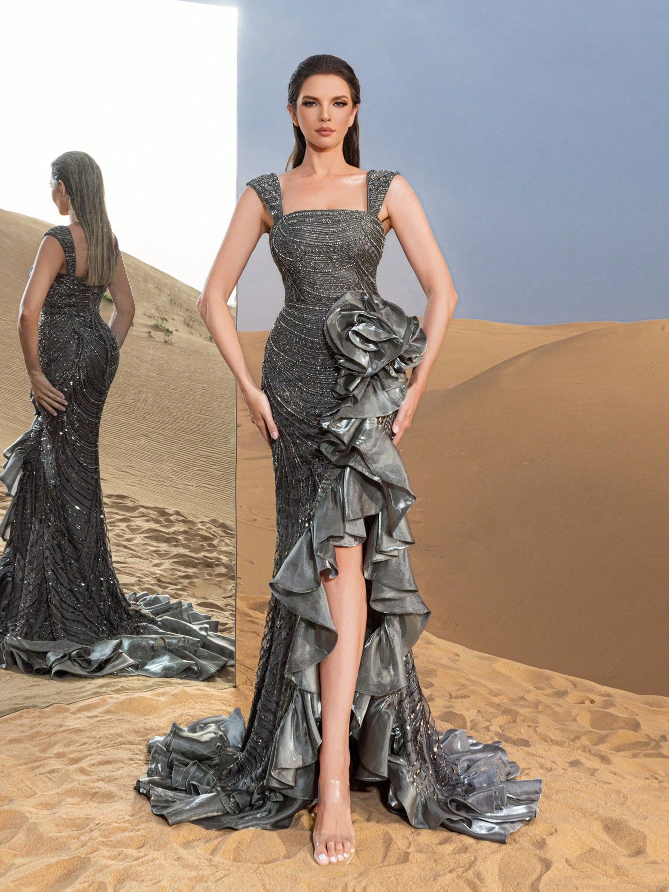 Luxury Layered Ruffle Dress with Sparkling Embellishments