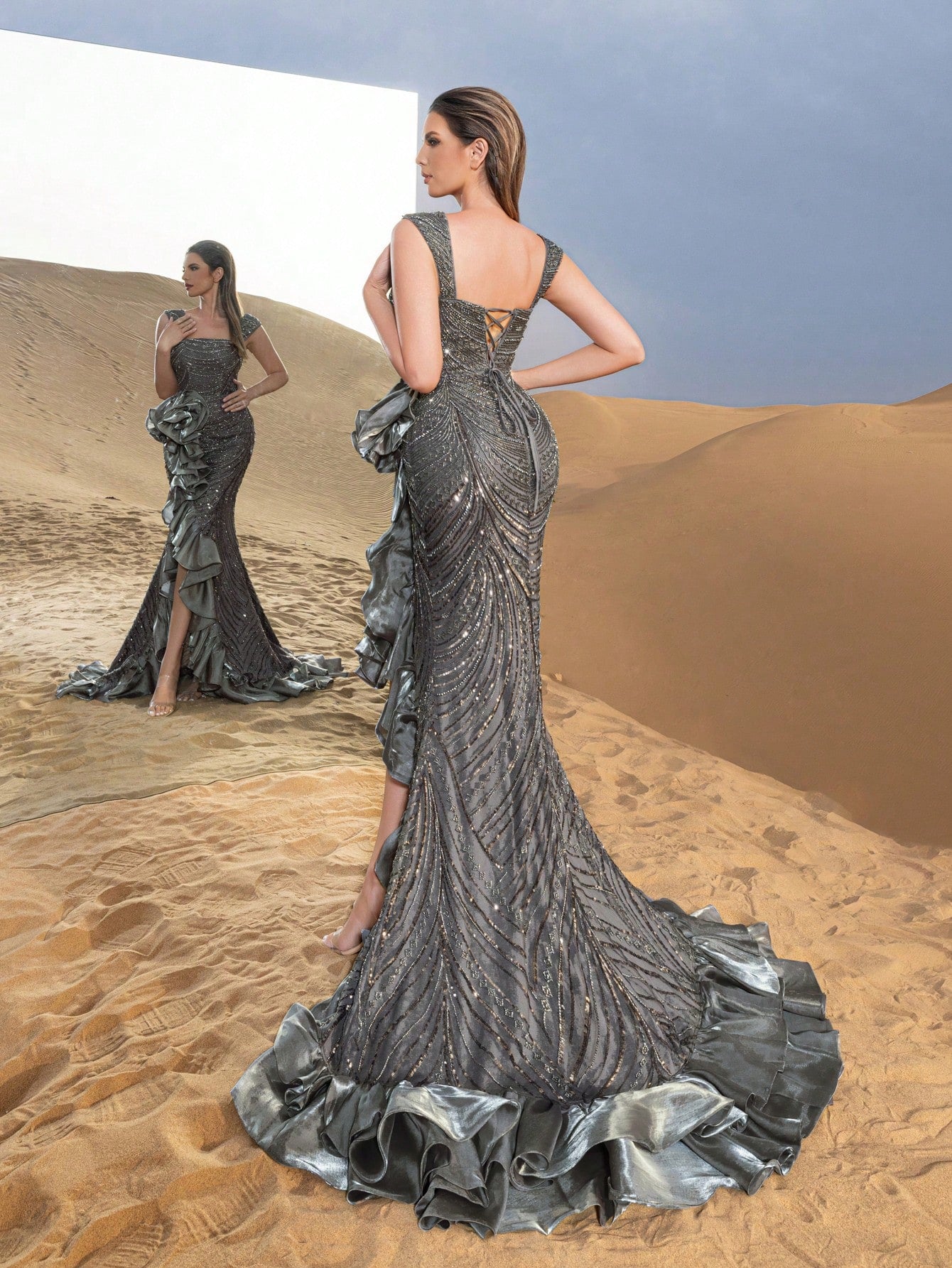 Luxury Layered Ruffle Dress with Sparkling Embellishments