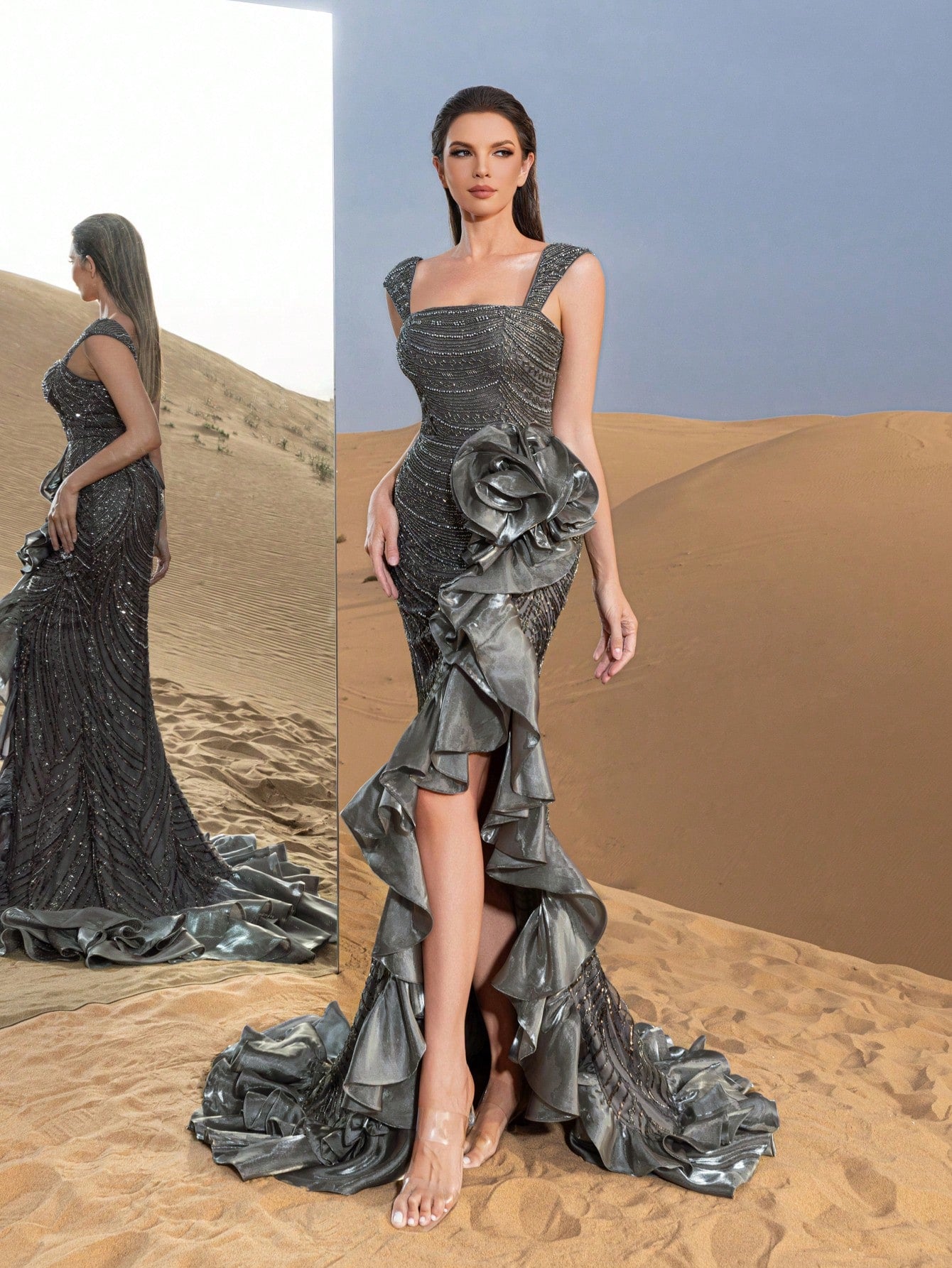 Luxury Layered Ruffle Dress with Sparkling Embellishments